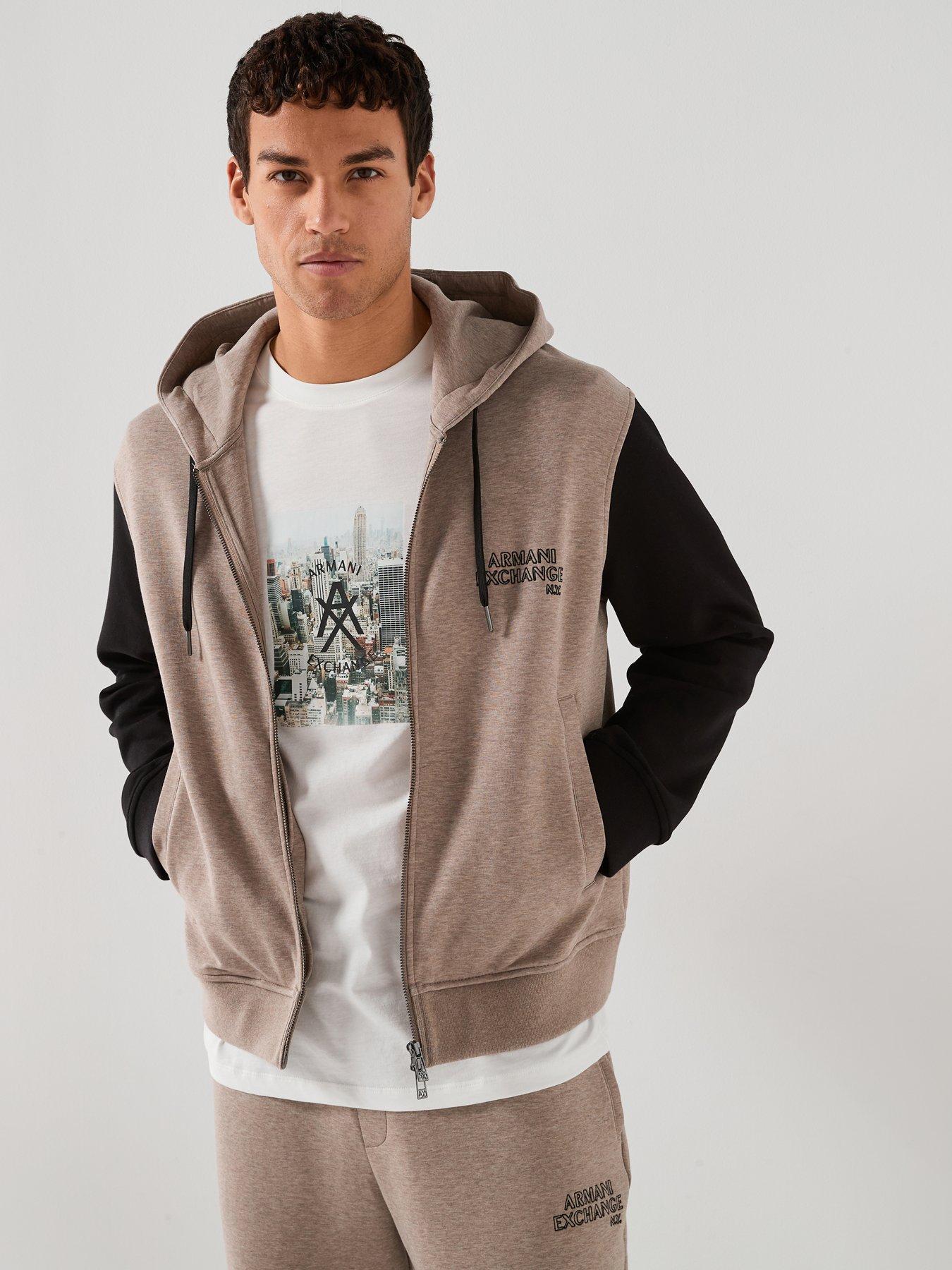 Armani Exchange Contrast Sleeve Zip Through Hoodie - Light Brown