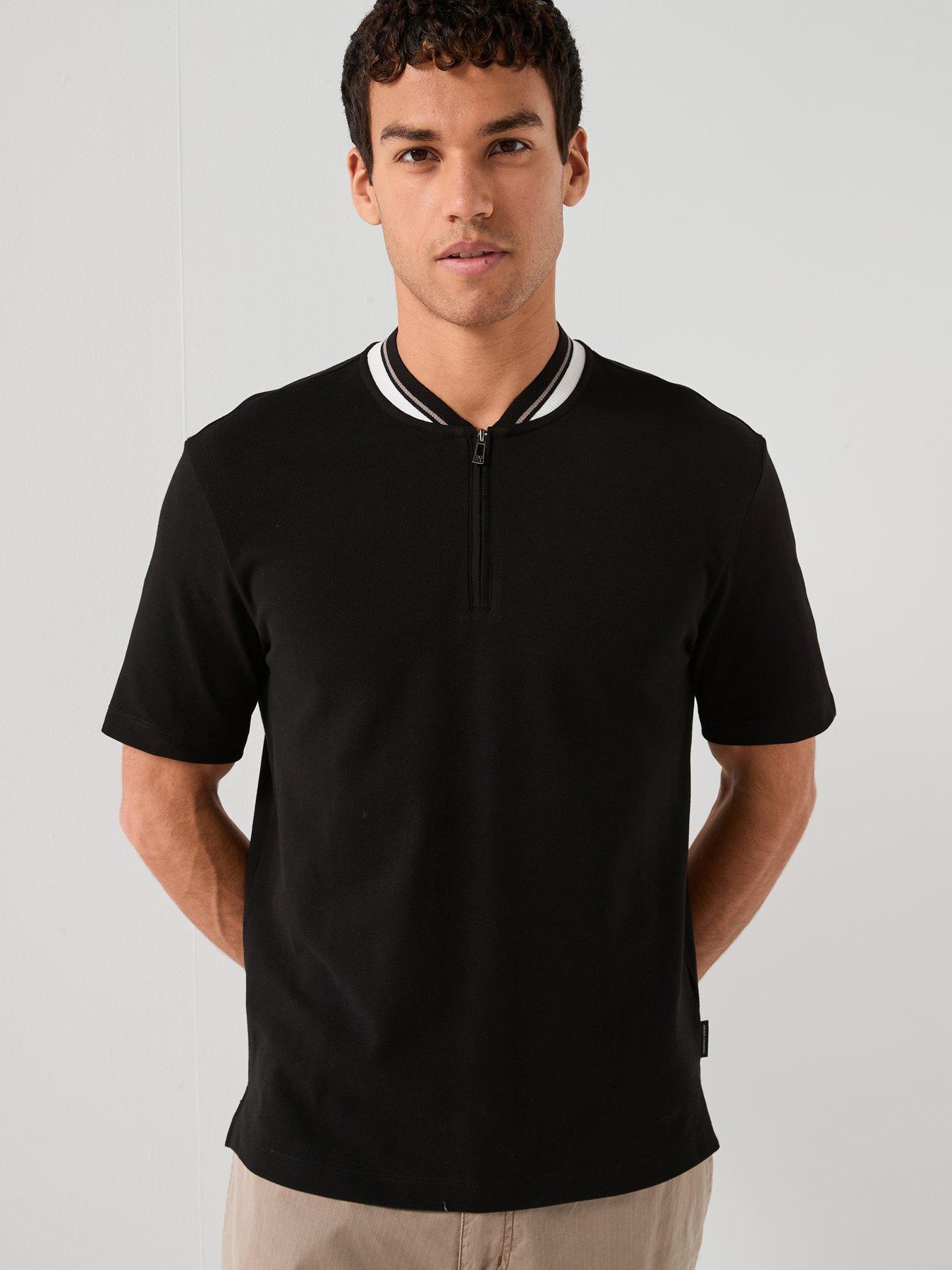 Armani Exchange Short Sleeve Zip Neck Baseball Collar Polo Shirt, Black, Size Xl, Men