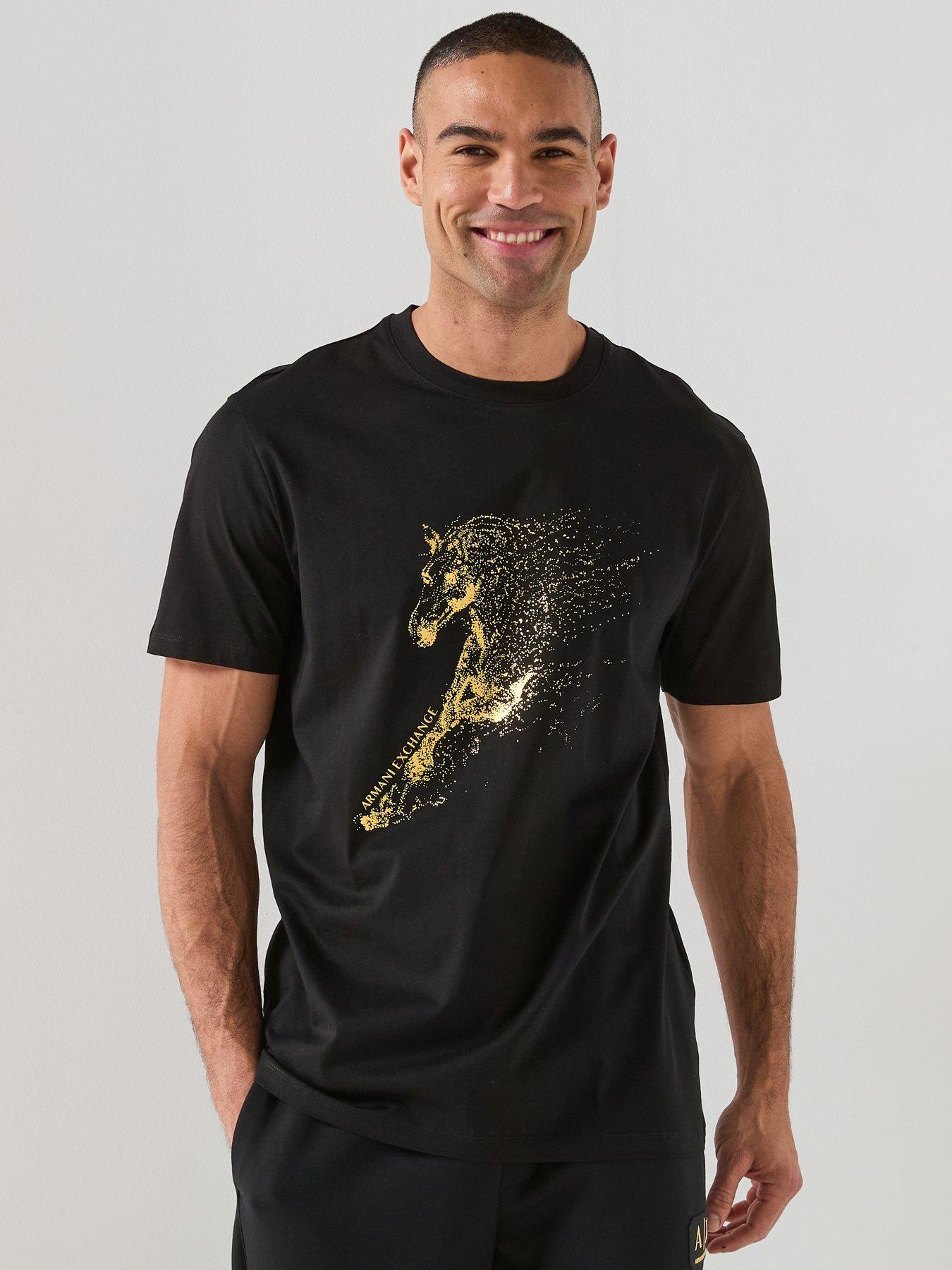 Image 1 of 6 of Armani Exchange Gold Horse Print T-Shirt - Black
