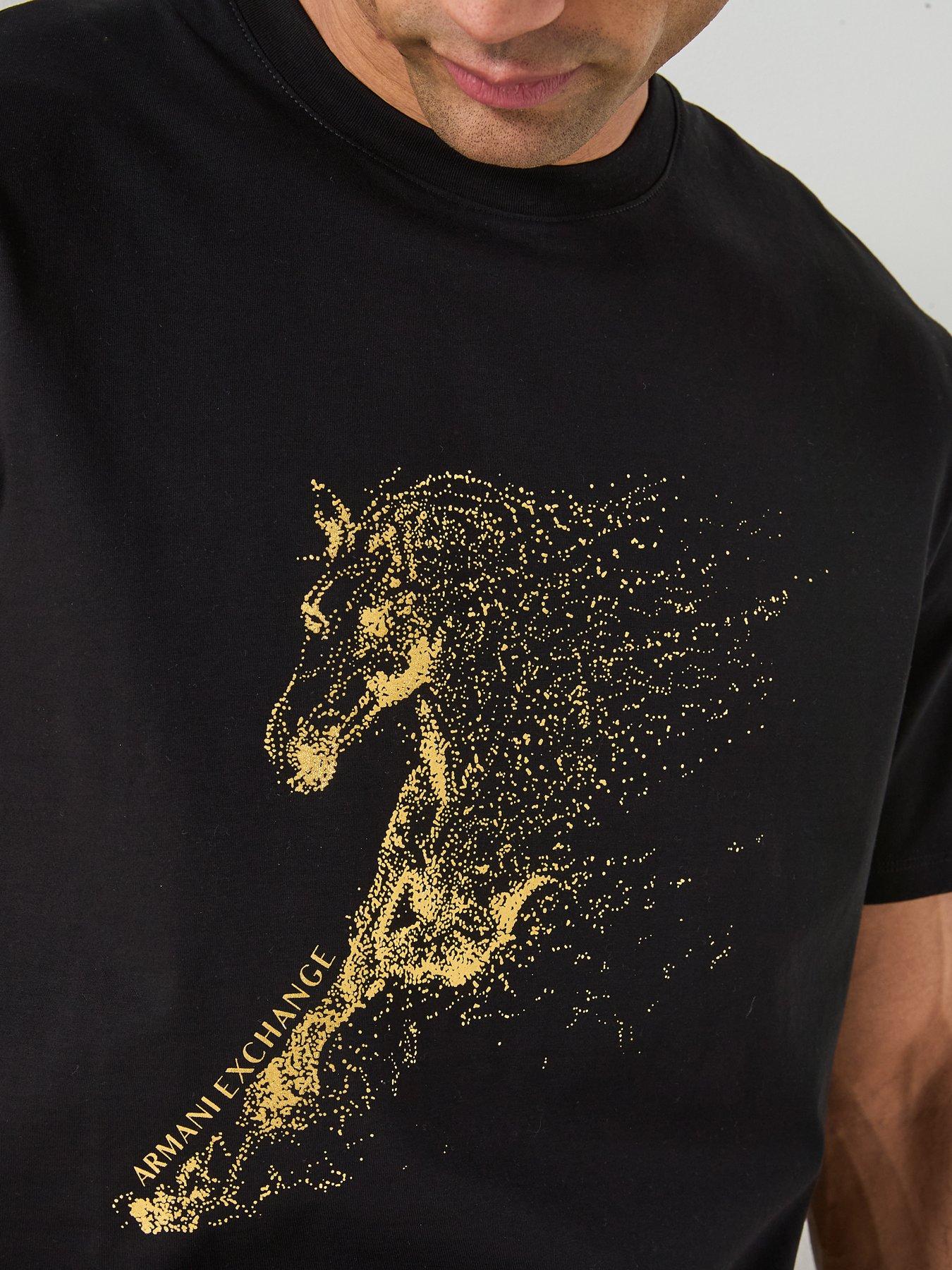 Image 4 of 6 of Armani Exchange Gold Horse Print T-Shirt - Black