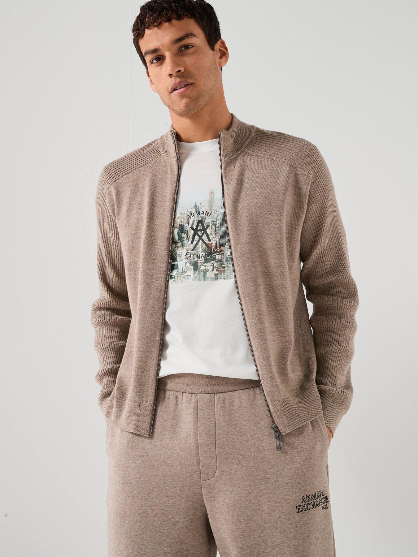 Armani Exchange Zip Through Knitted Cardigan, Light Brown, Size M, Men