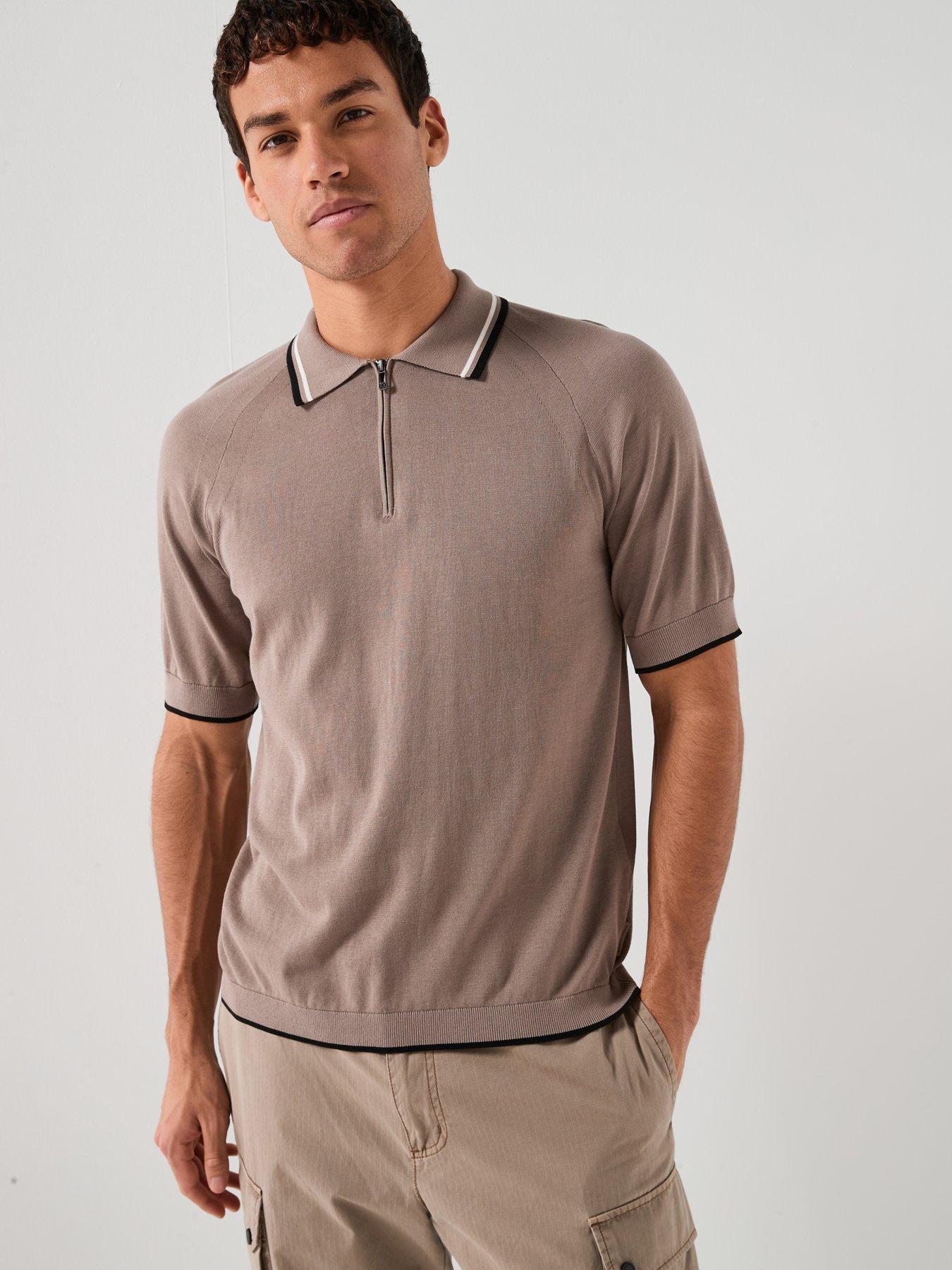 Armani Exchange Tipped Zip Neck Knitted Polo Shirt - Light Brown