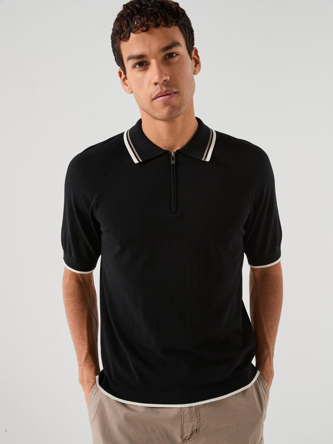Armani Exchange Tipped Zip Neck Knitted Polo Shirt - Black