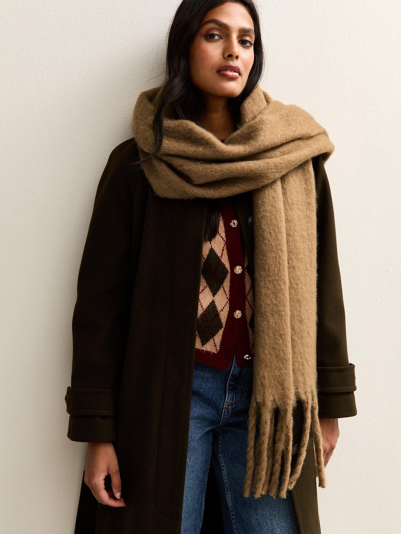 New Look Camel Brushed Fringed Edge Heavyweight Scarf