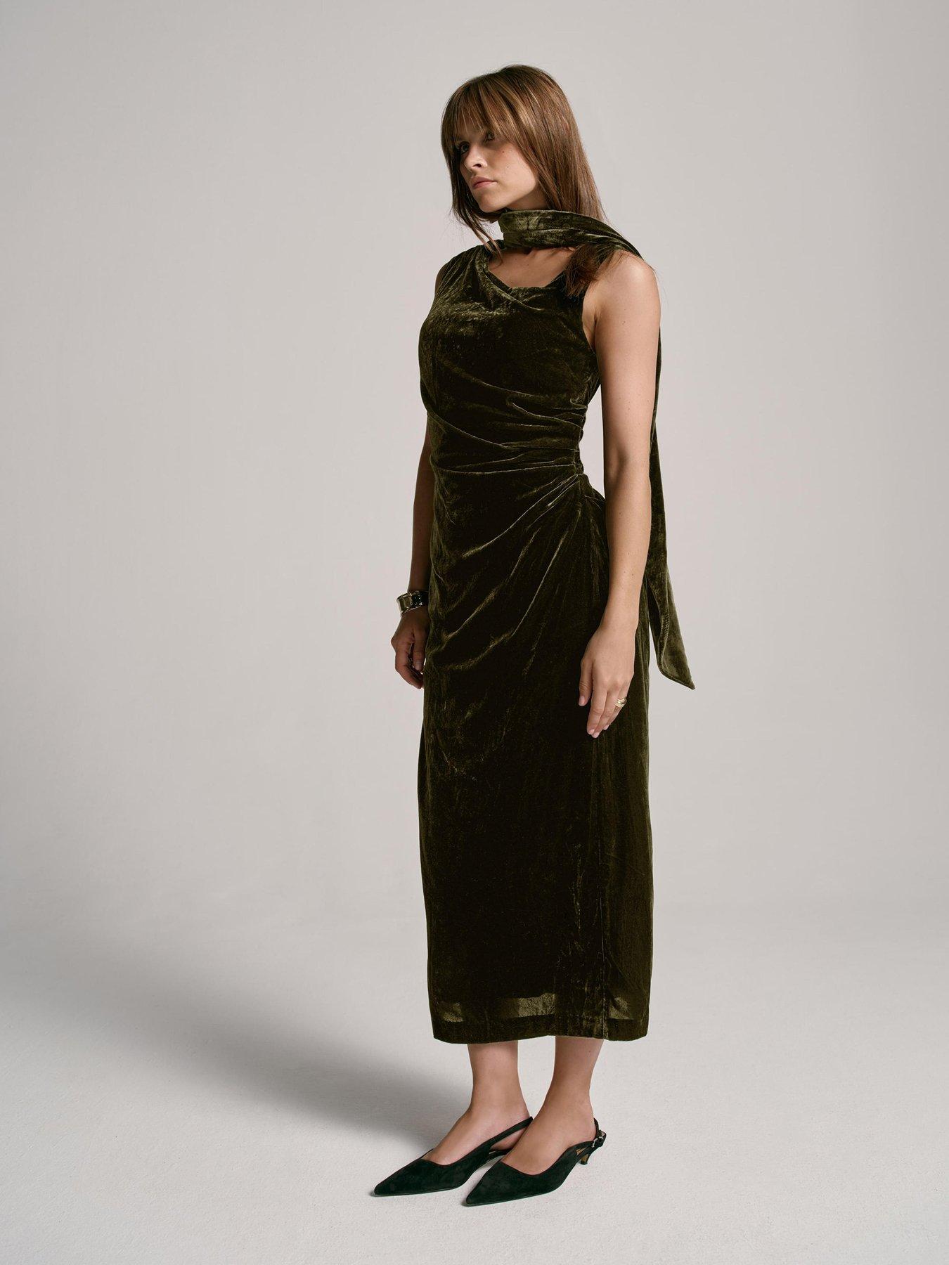olive green dress with scarf Pre-Order - Elsa Olive Green Maxi Dress with Neck Scarf main image 0