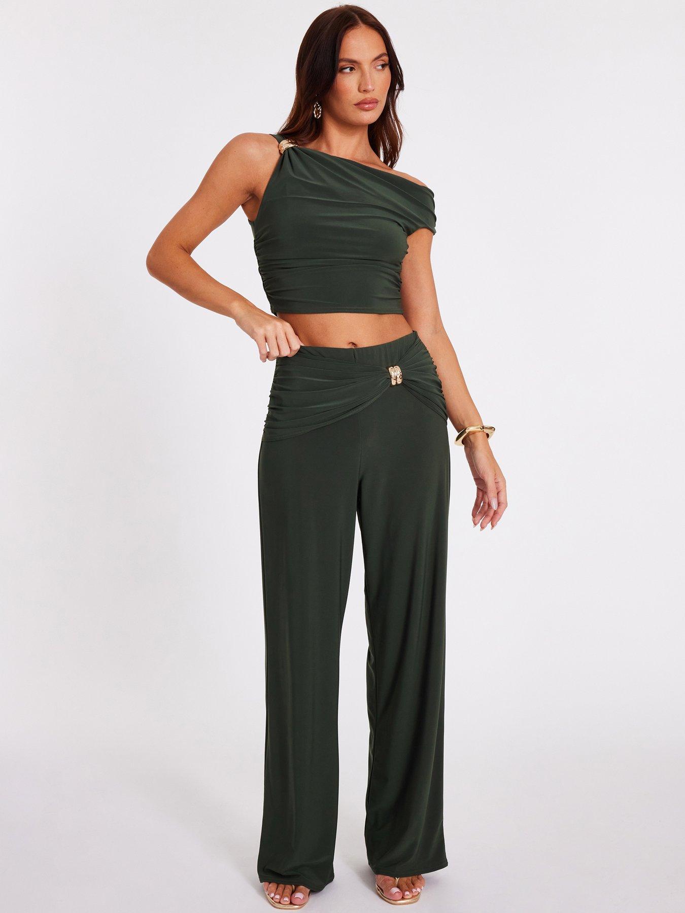 Quiz Khaki Buckle Wide Leg Trousers