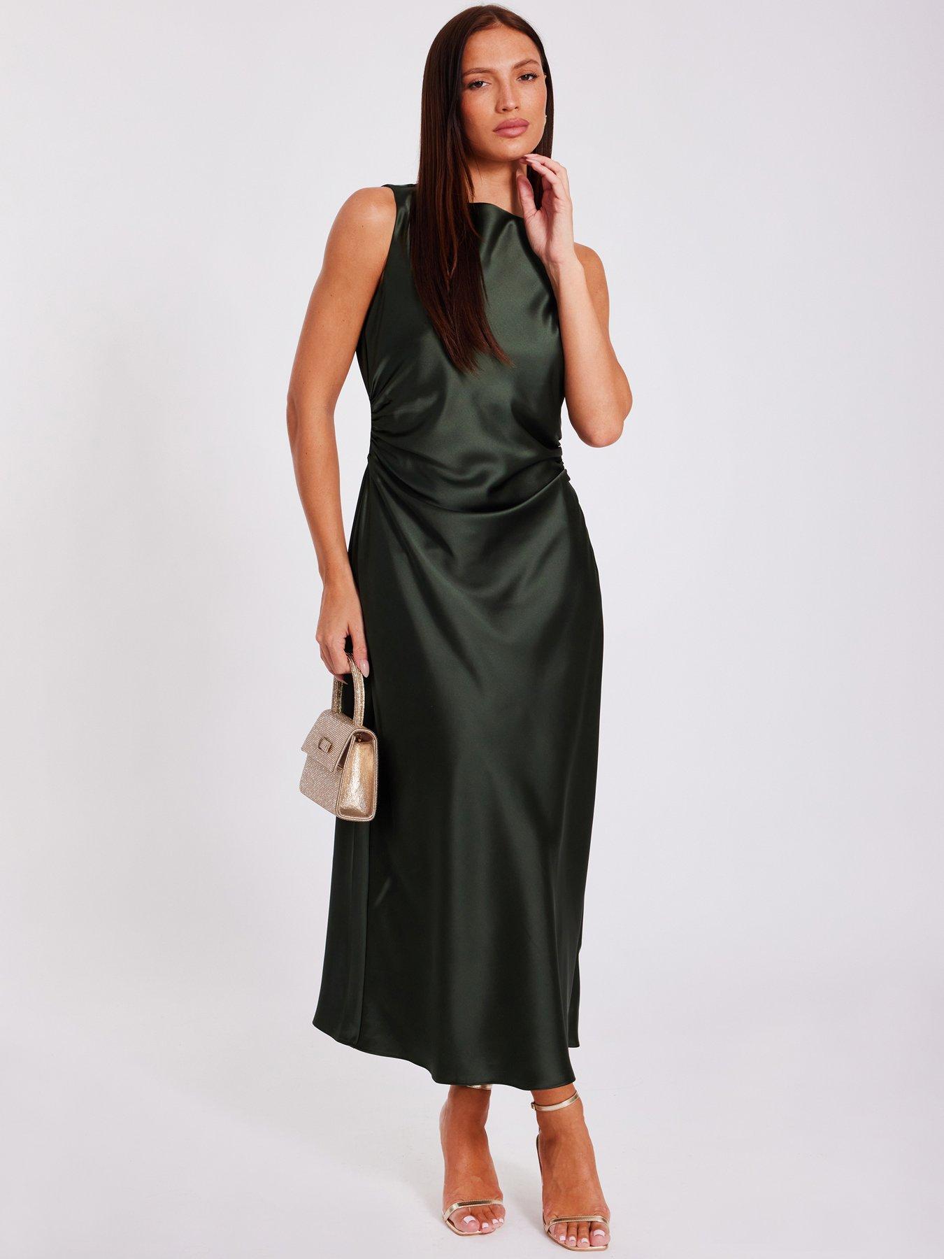 Quiz Olive Satin Ruched Midi Dress