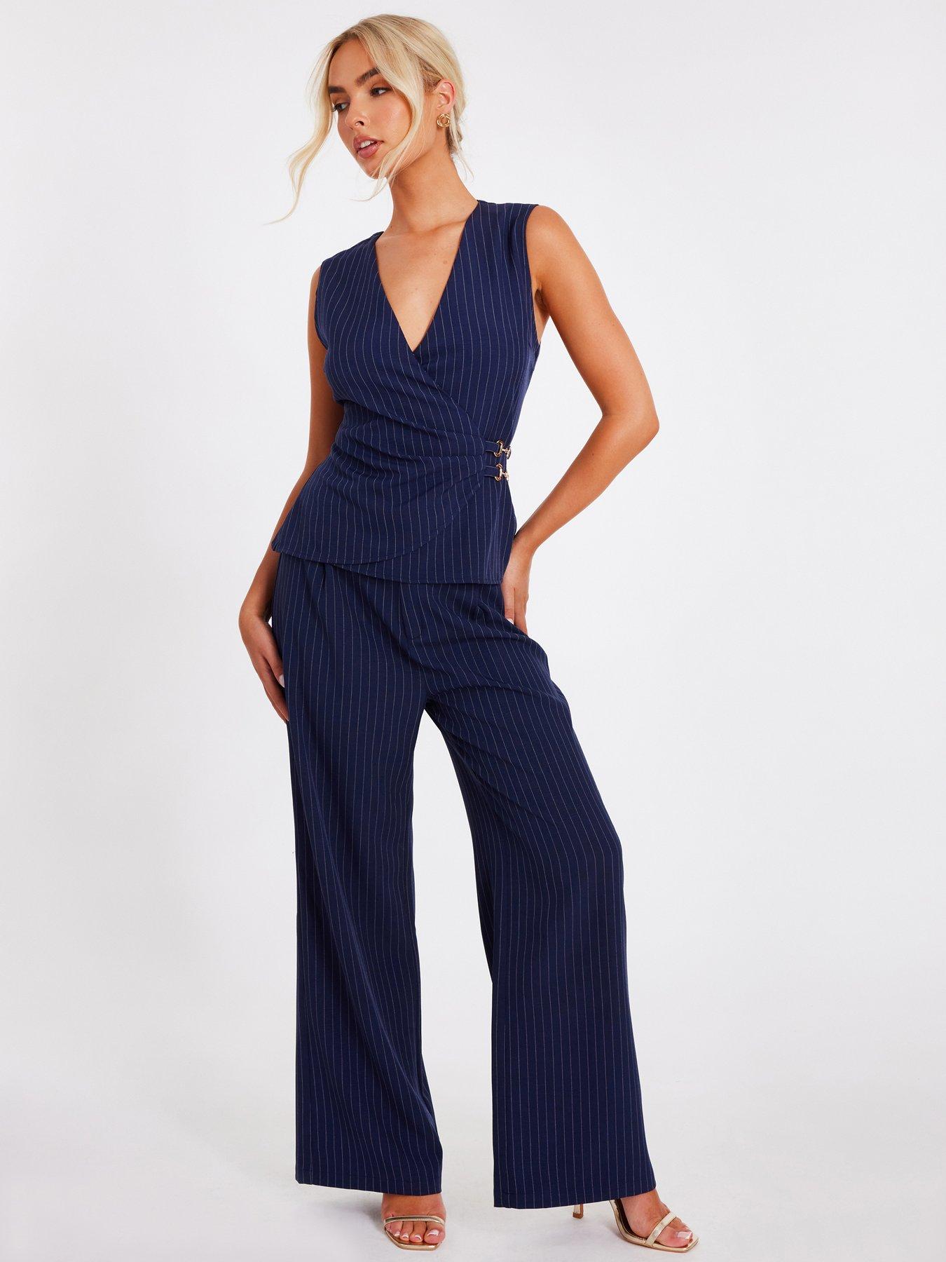 undefined Navy Pinstripe Wide Leg Trousers
