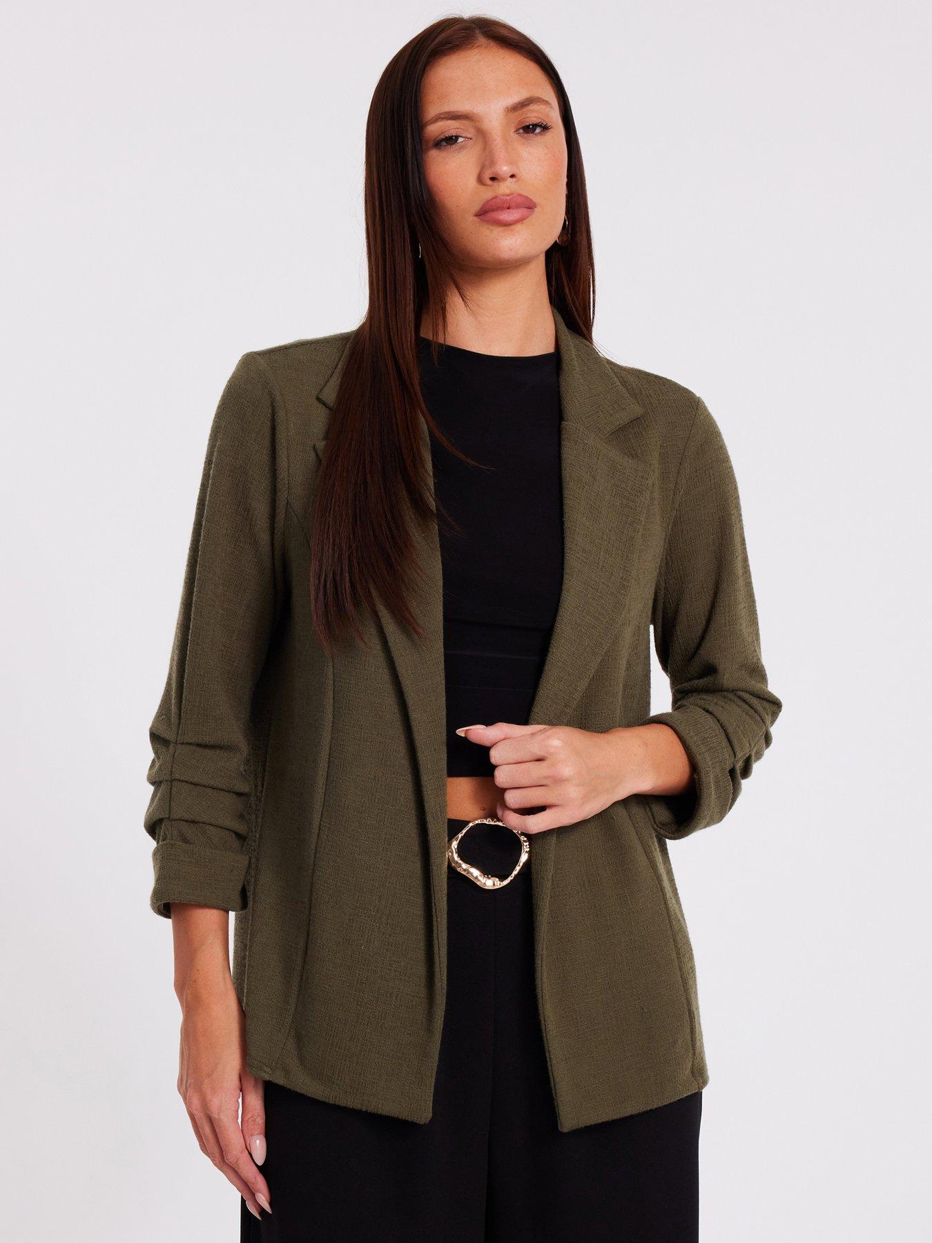 Quiz Petite Bottle Green Ruched Sleeve Blazer
