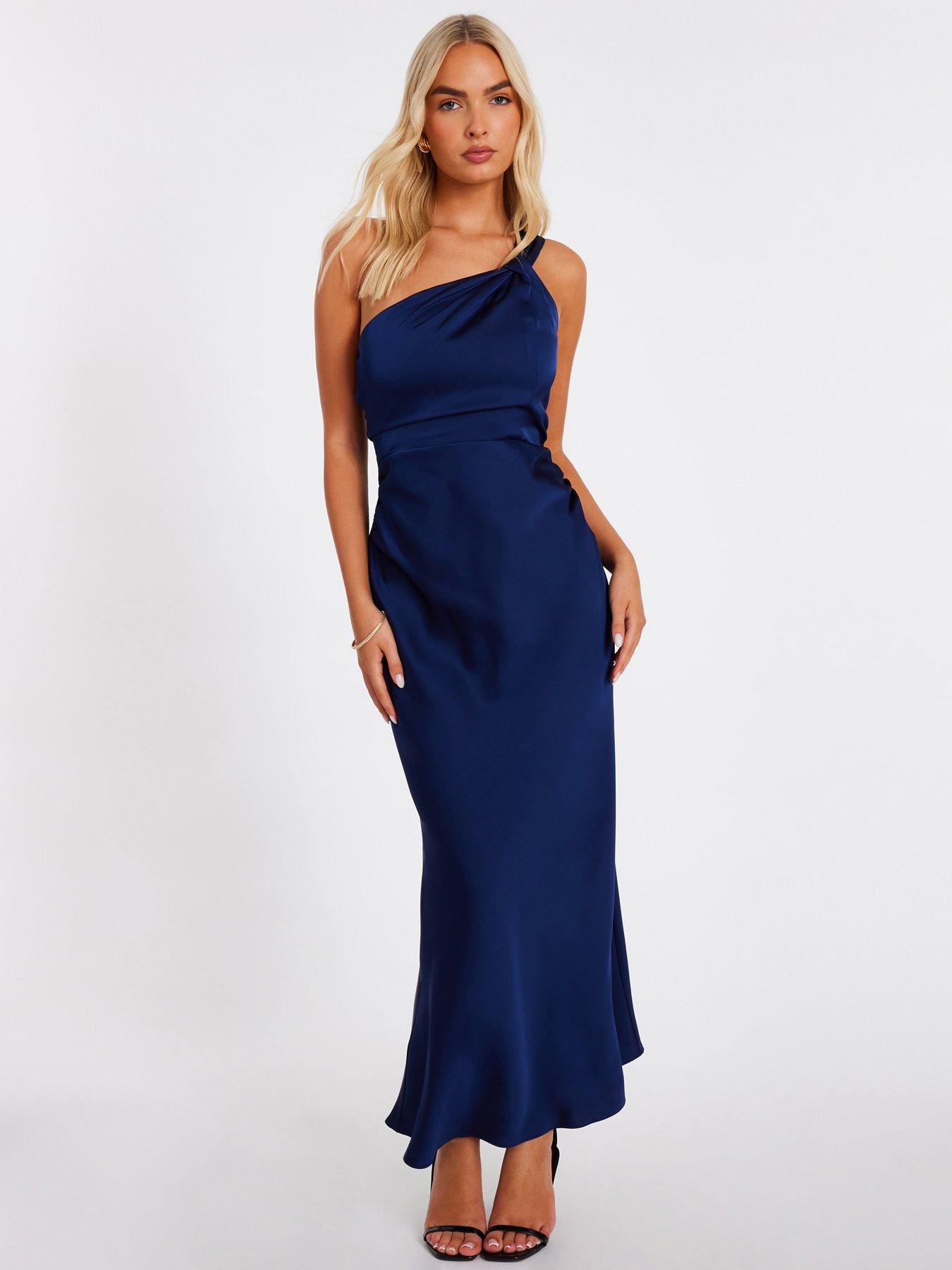 undefined Navy Satin One Shoulder Midaxi Dress