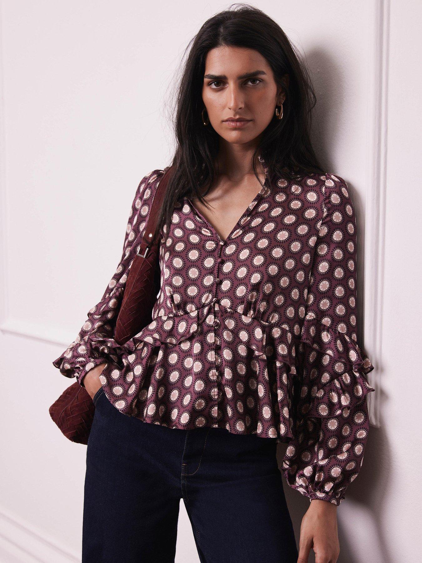 Image 1 of 6 of Mint Velvet Star Print Peplum Top - Red