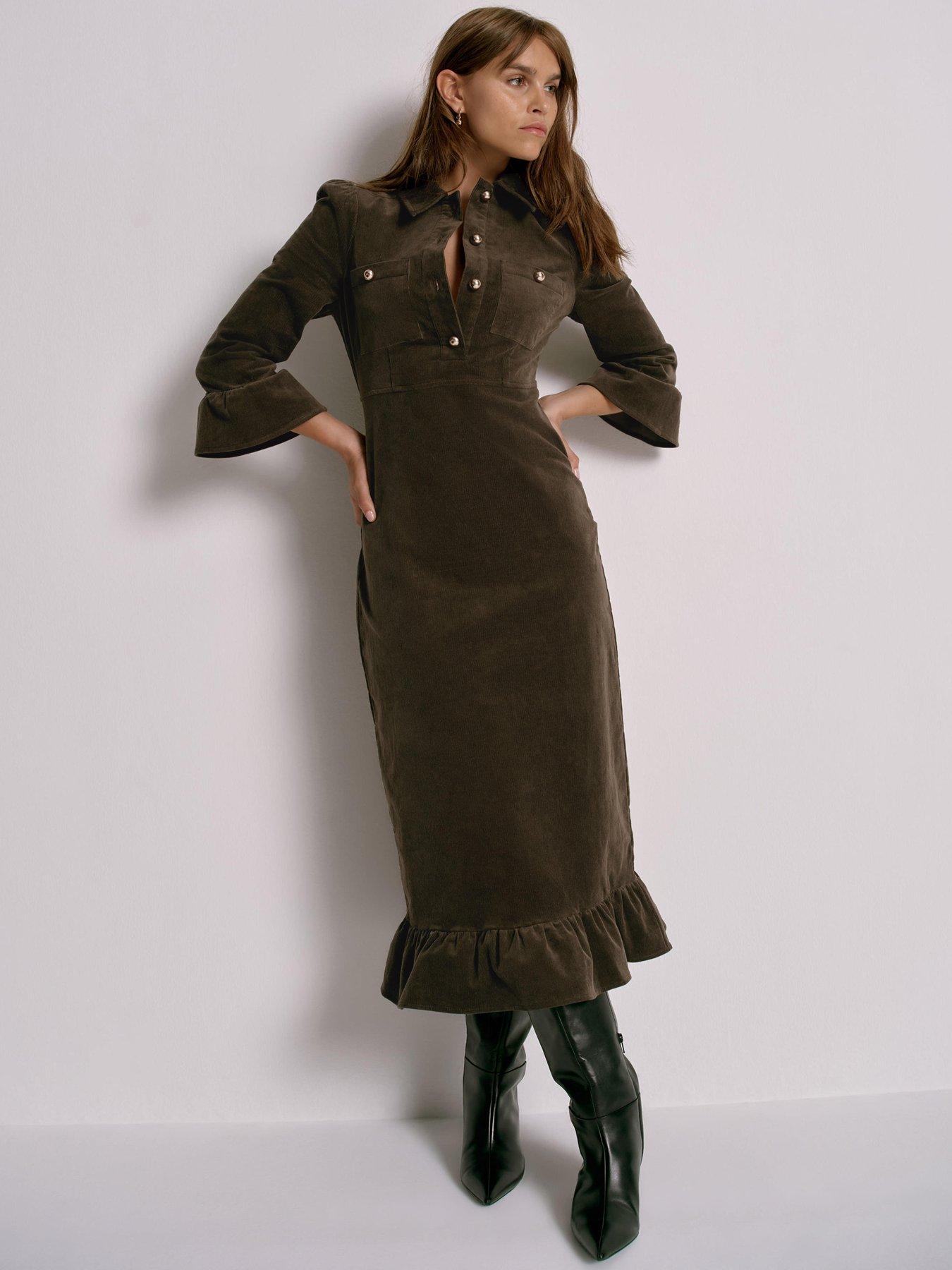 Mint Velvet Khaki Cord Midi Dress - Green