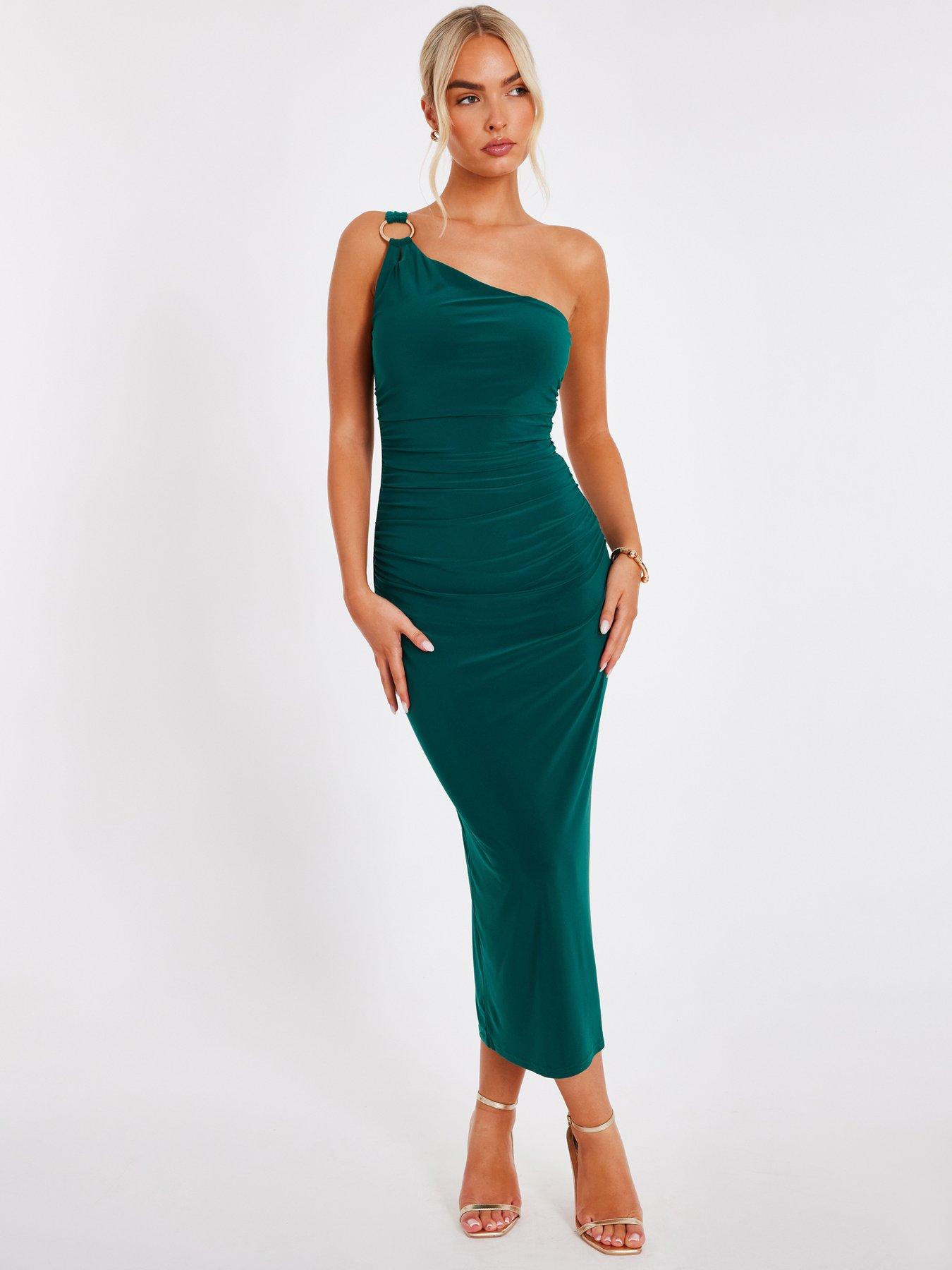 Image 1 of 6 of Quiz Bottle Green One Shoulder Midaxi Dress