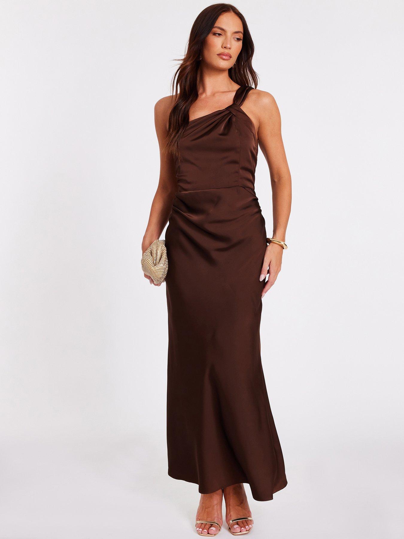 Quiz Brown Satin One Shoulder Midaxi Dress