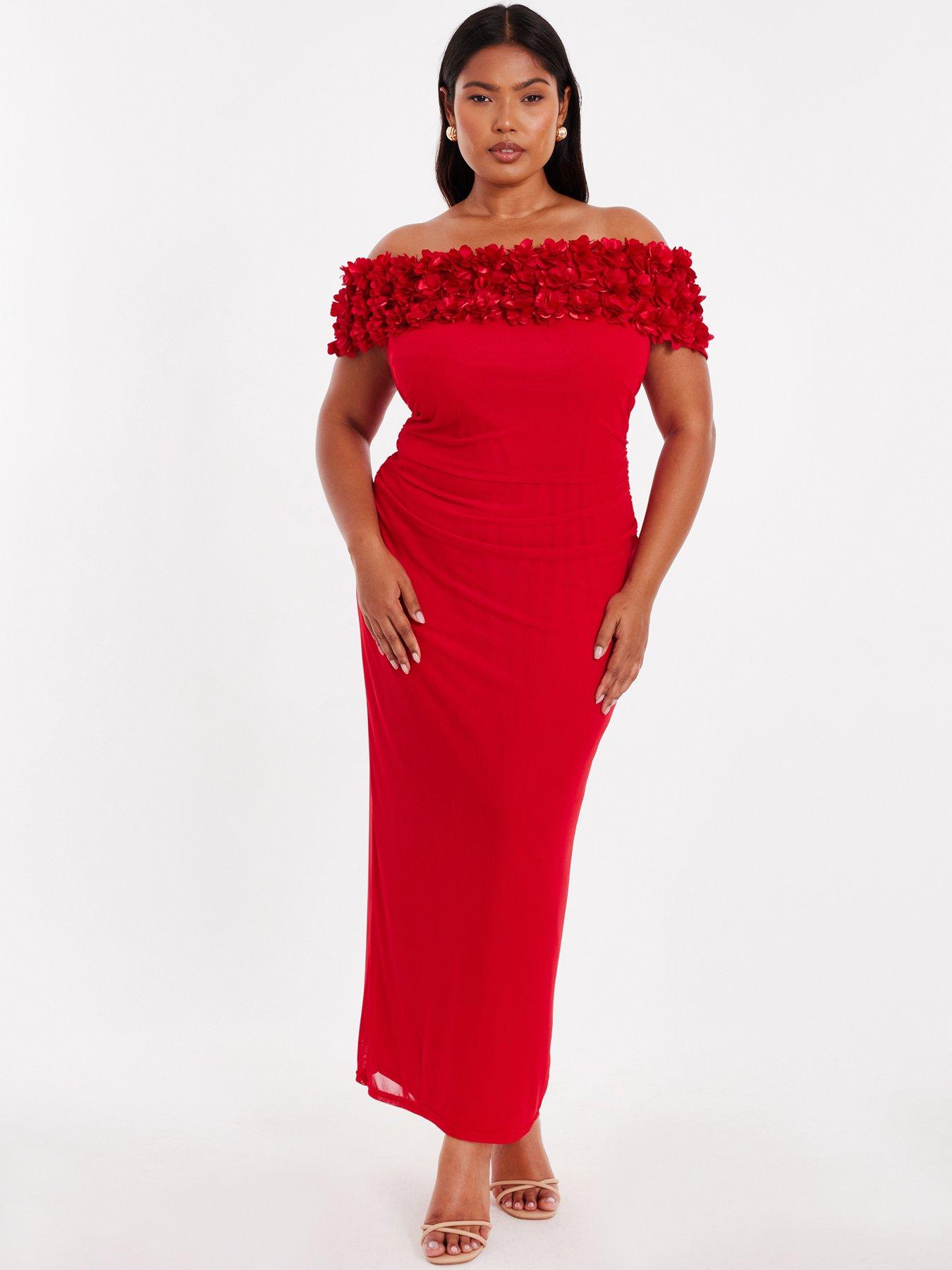 Quiz Curve Red Floral Bardot Midaxi Dress