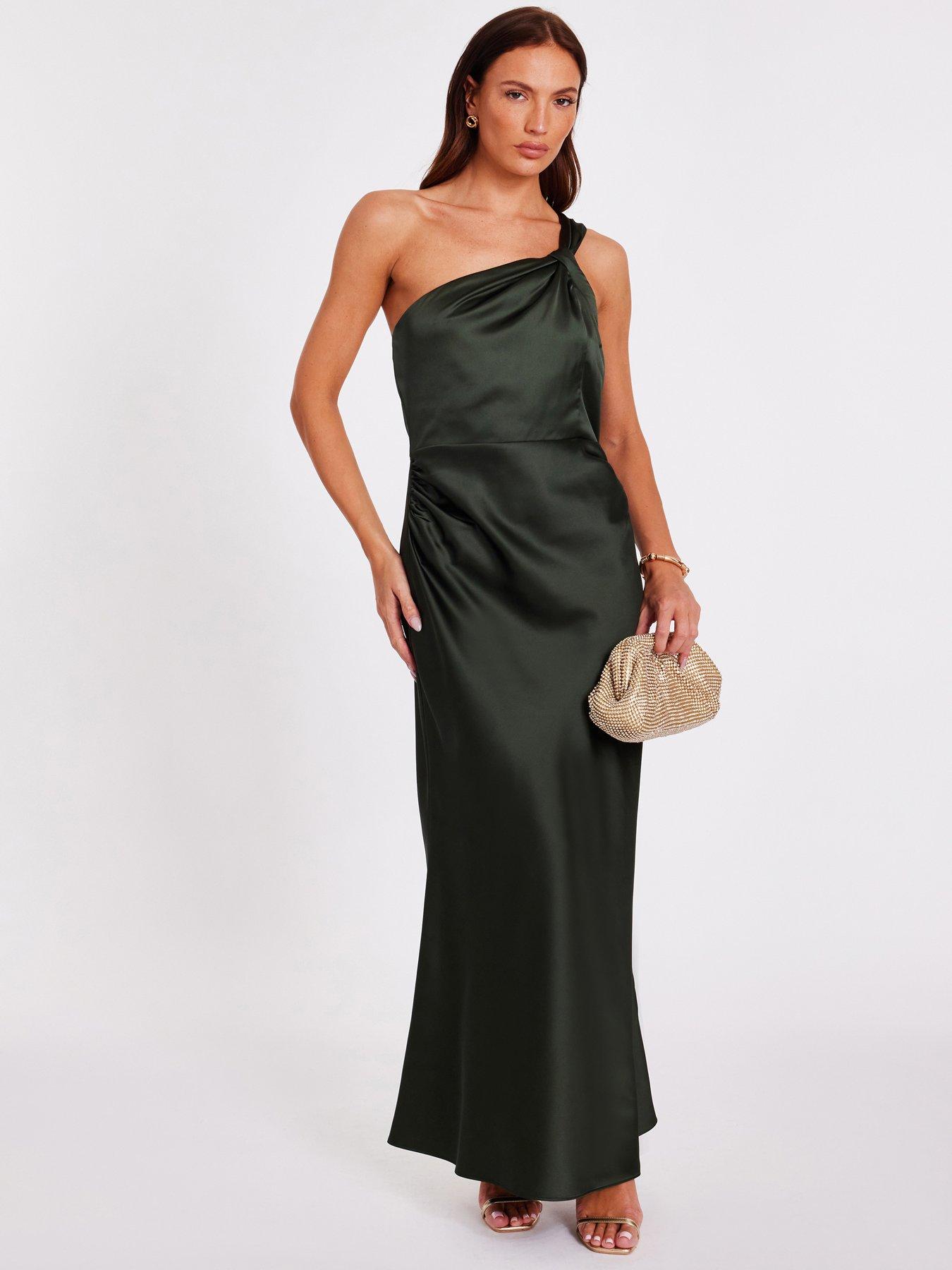 Quiz Dark Green Satin One Shoulder Midaxi Dress