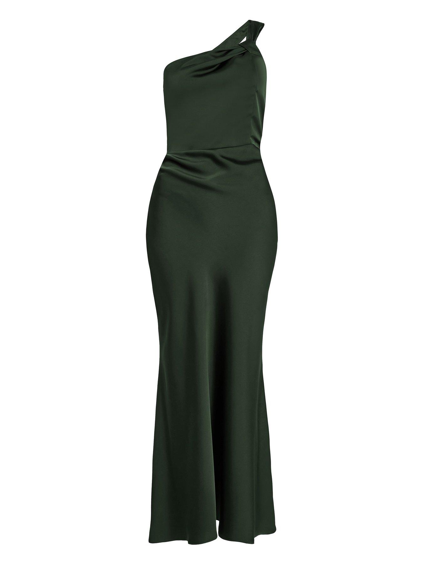 Quiz Dark Green Satin One Shoulder Midaxi Dress | Very