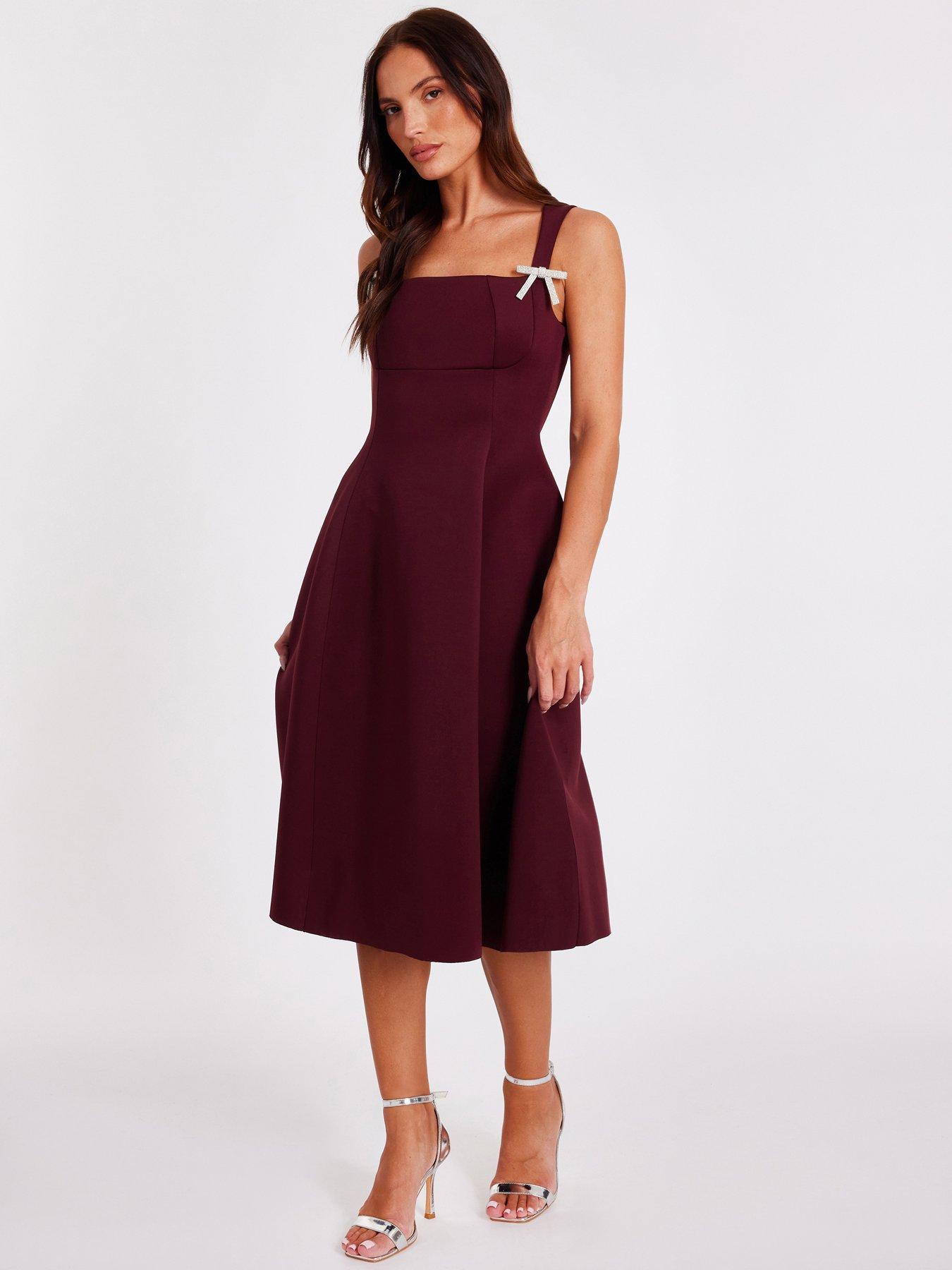 Quiz Dark Red Diamante Bow Midi Dress