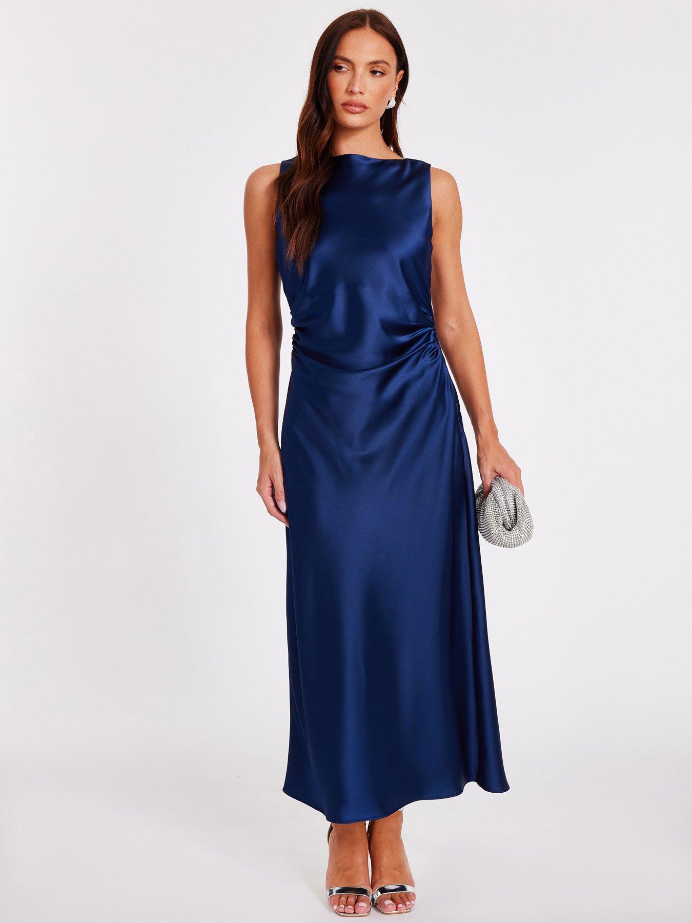 undefined Navy Satin Ruched Midaxi Dress