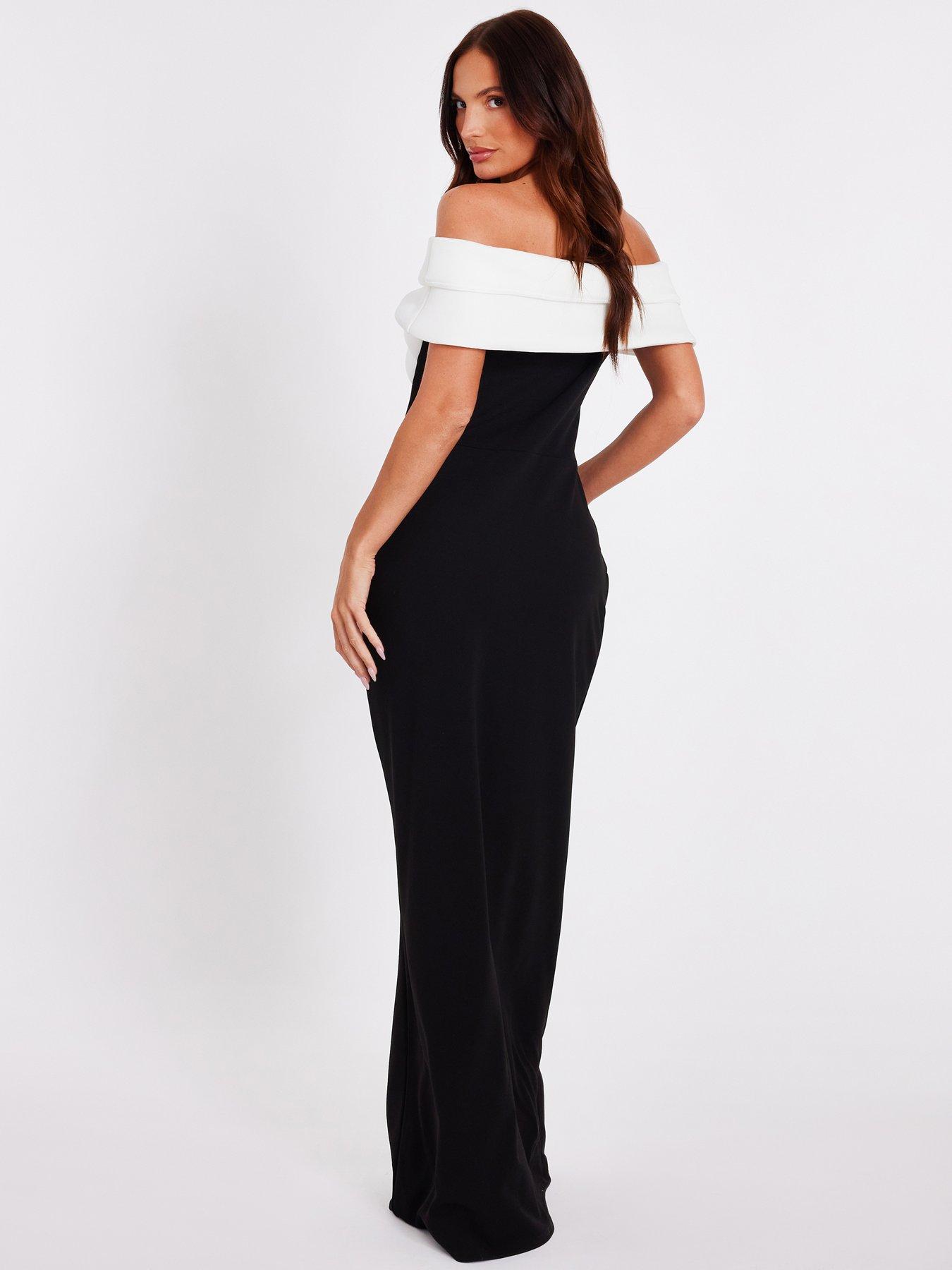 black white bardot dress In Bloom Black & White Bardot Maternity Maxi Dress With Flower – Club L  London