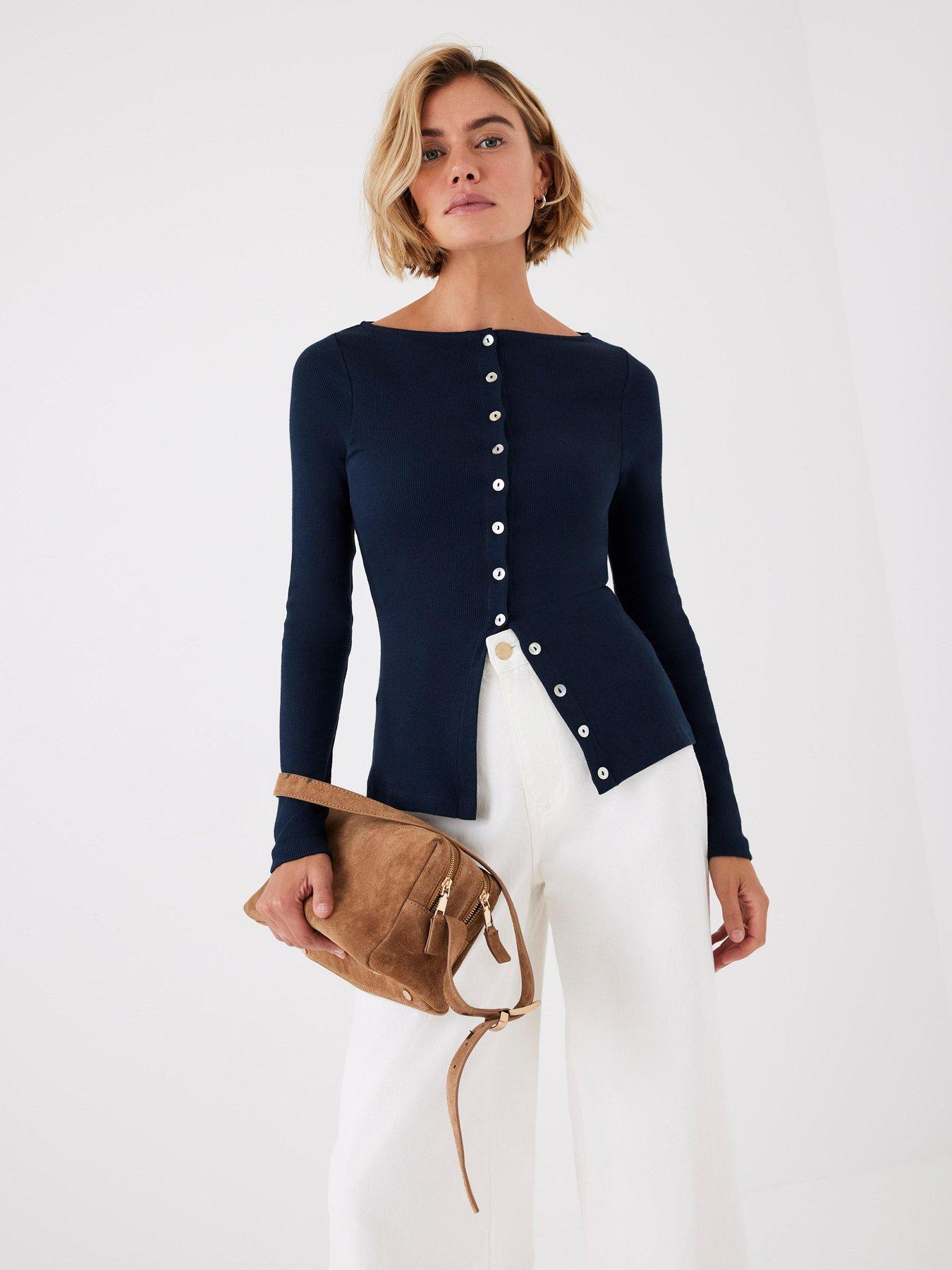 Mint Velvet Navy Button Through Rib Top - Blue | Very
