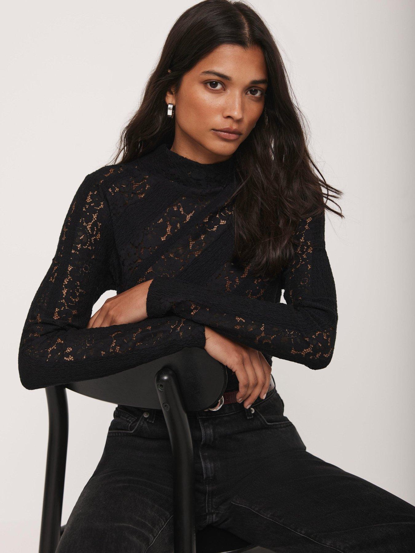 Mint Velvet Lace High Neck Top - Black