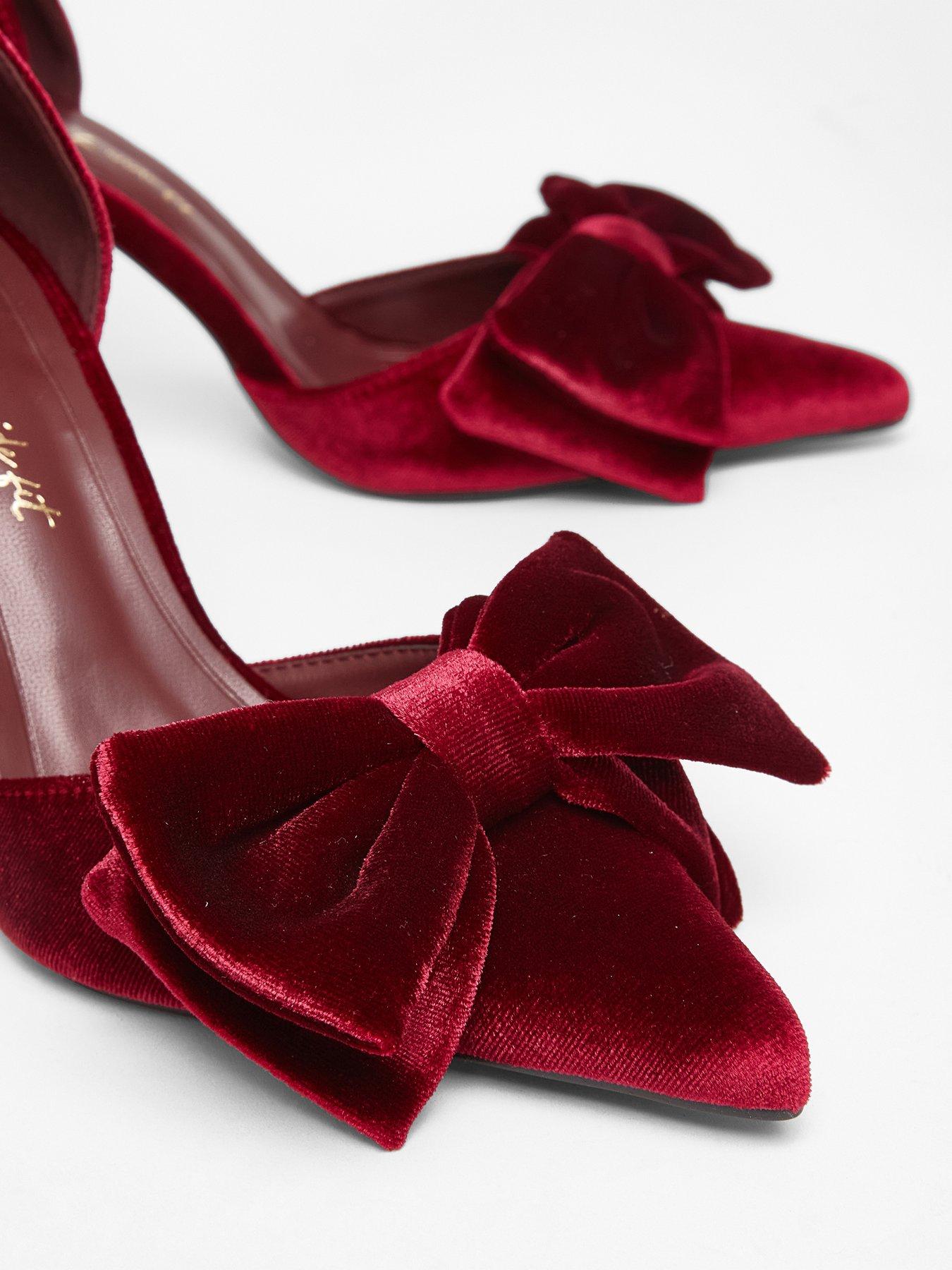 Quiz Wide Fit Dark Red Velvet Bow Court Heels Very - Main Image