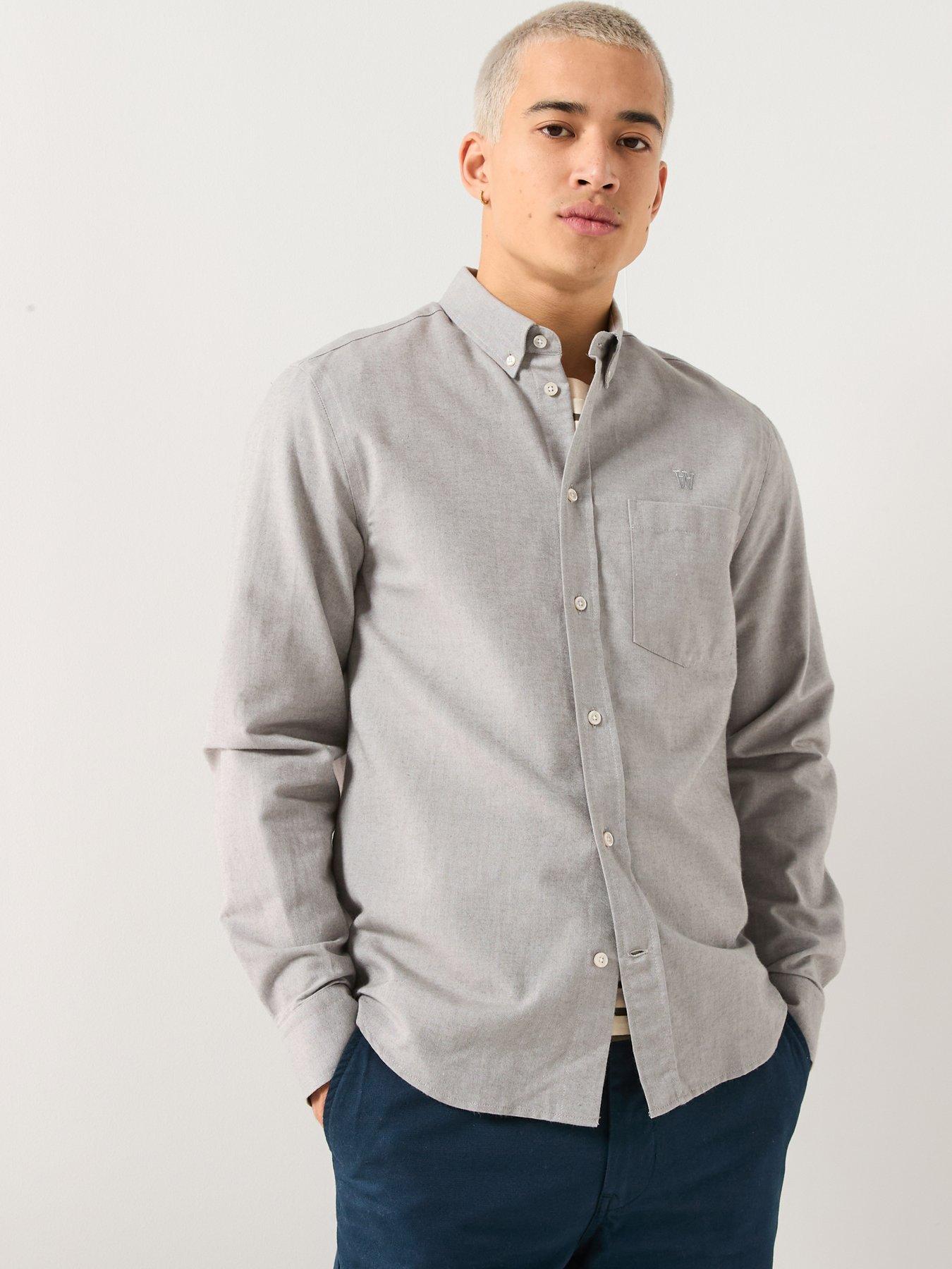 Double A by Wood Wood Adam Long Sleeve Plain Cotton Shirt - Light Grey