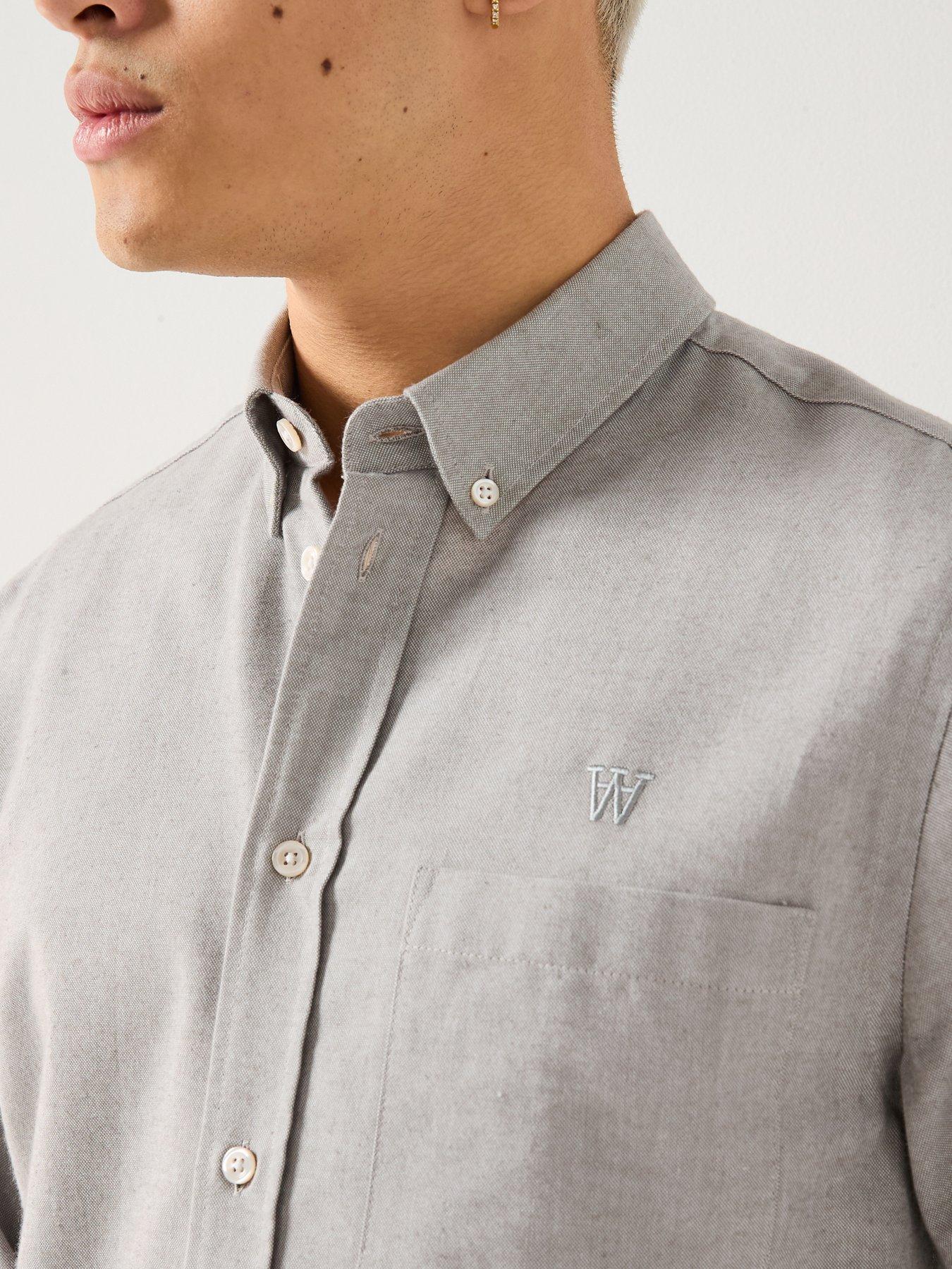 Image 4 of 6 of Double A by Wood Wood Double A By Adam Long Sleeve Plain Cotton Shirt - Light Grey