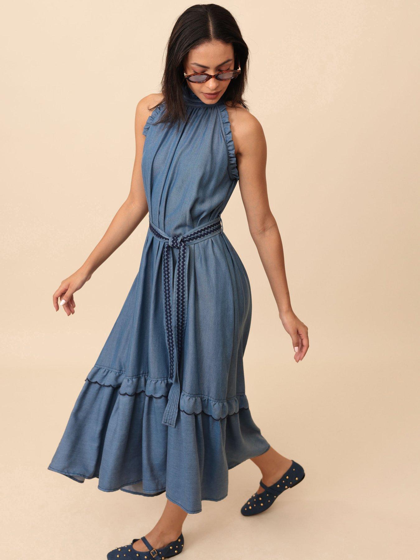 Emily Lovelock Celine Halter Neck Denim Midi Dress - Blue