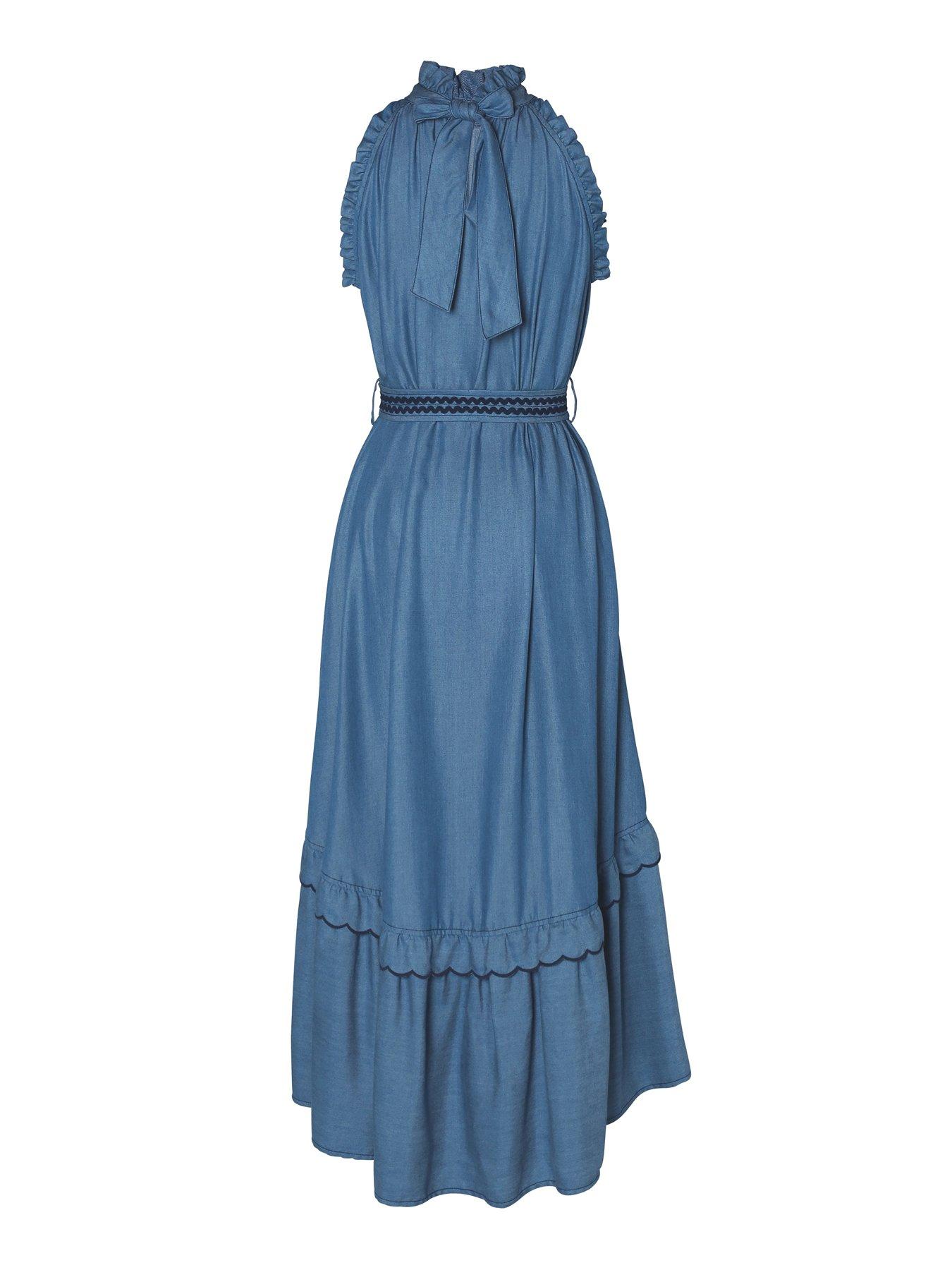 Image 2 of 6 of Emily Lovelock Celine Halter Neck Denim Midi Dress - Blue