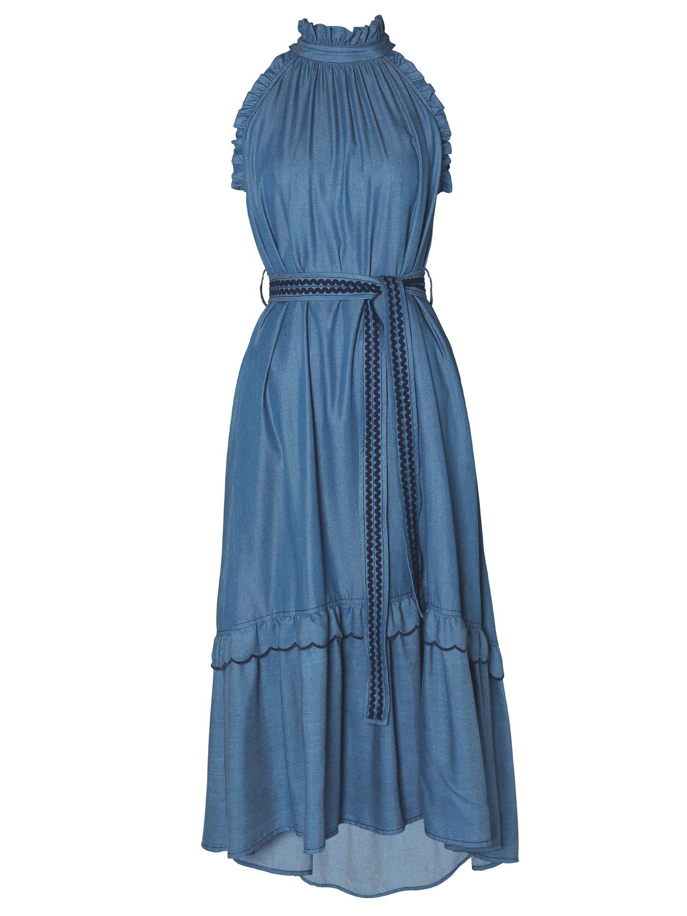 Image 3 of 6 of Emily Lovelock Celine Halter Neck Denim Midi Dress - Blue