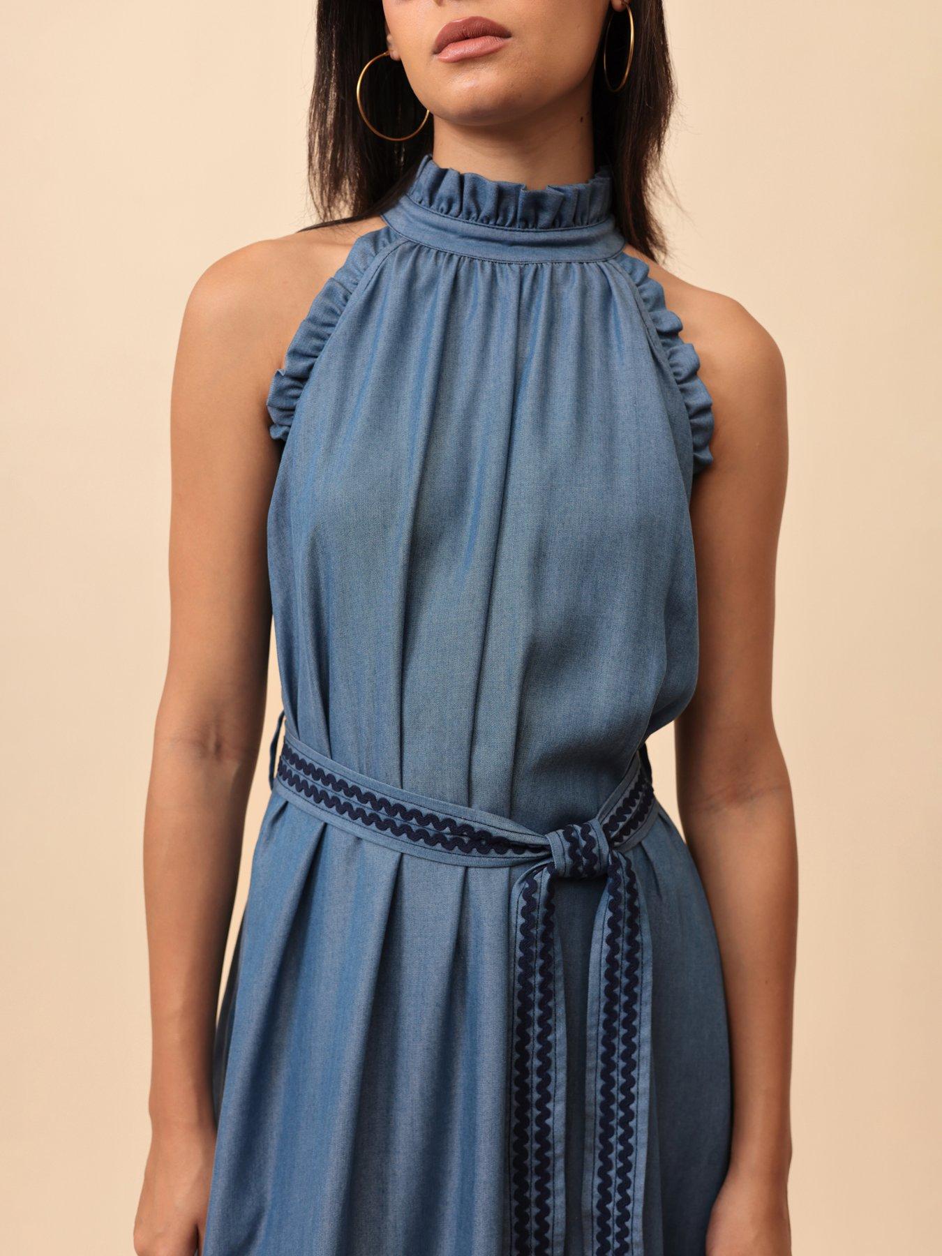 Image 4 of 6 of Emily Lovelock Celine Halter Neck Denim Midi Dress - Blue