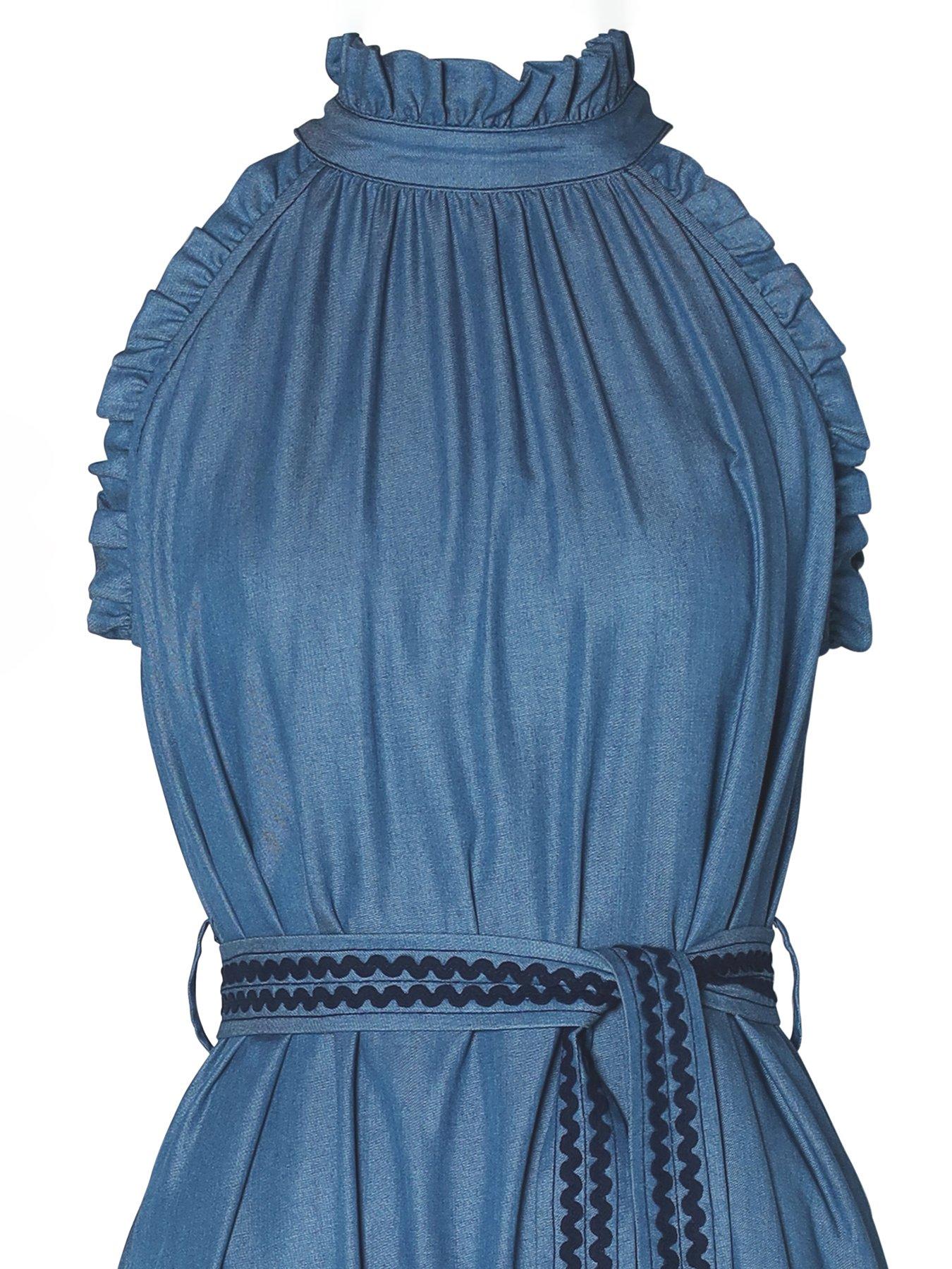 Image 6 of 6 of Emily Lovelock Celine Halter Neck Denim Midi Dress - Blue