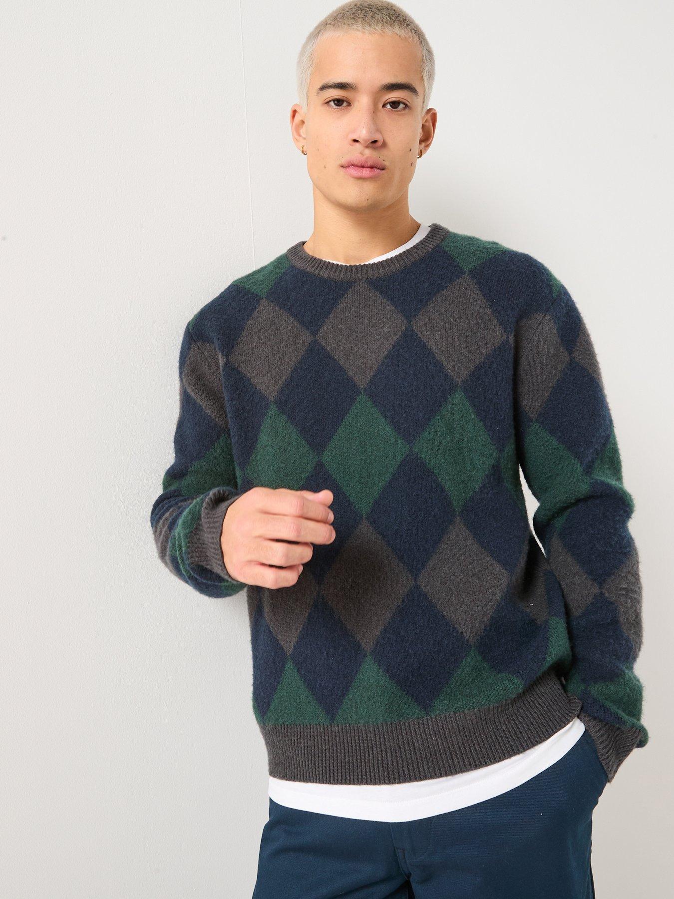 Double A by Wood Wood Jan Argyle Crew Knitted Jumper - Dark Green
