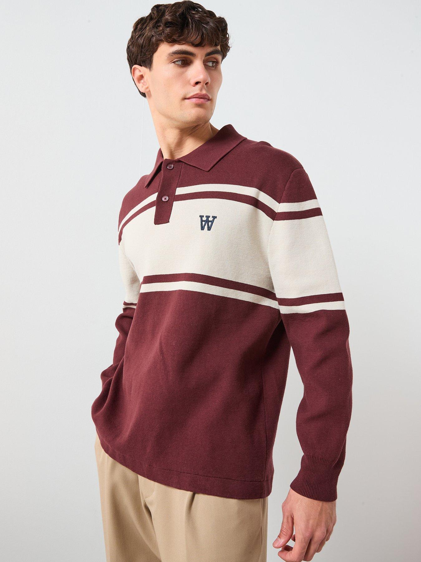 Double A by Wood Wood Curt Long Sleeve Rugger Polo Shirt - Dark Brown