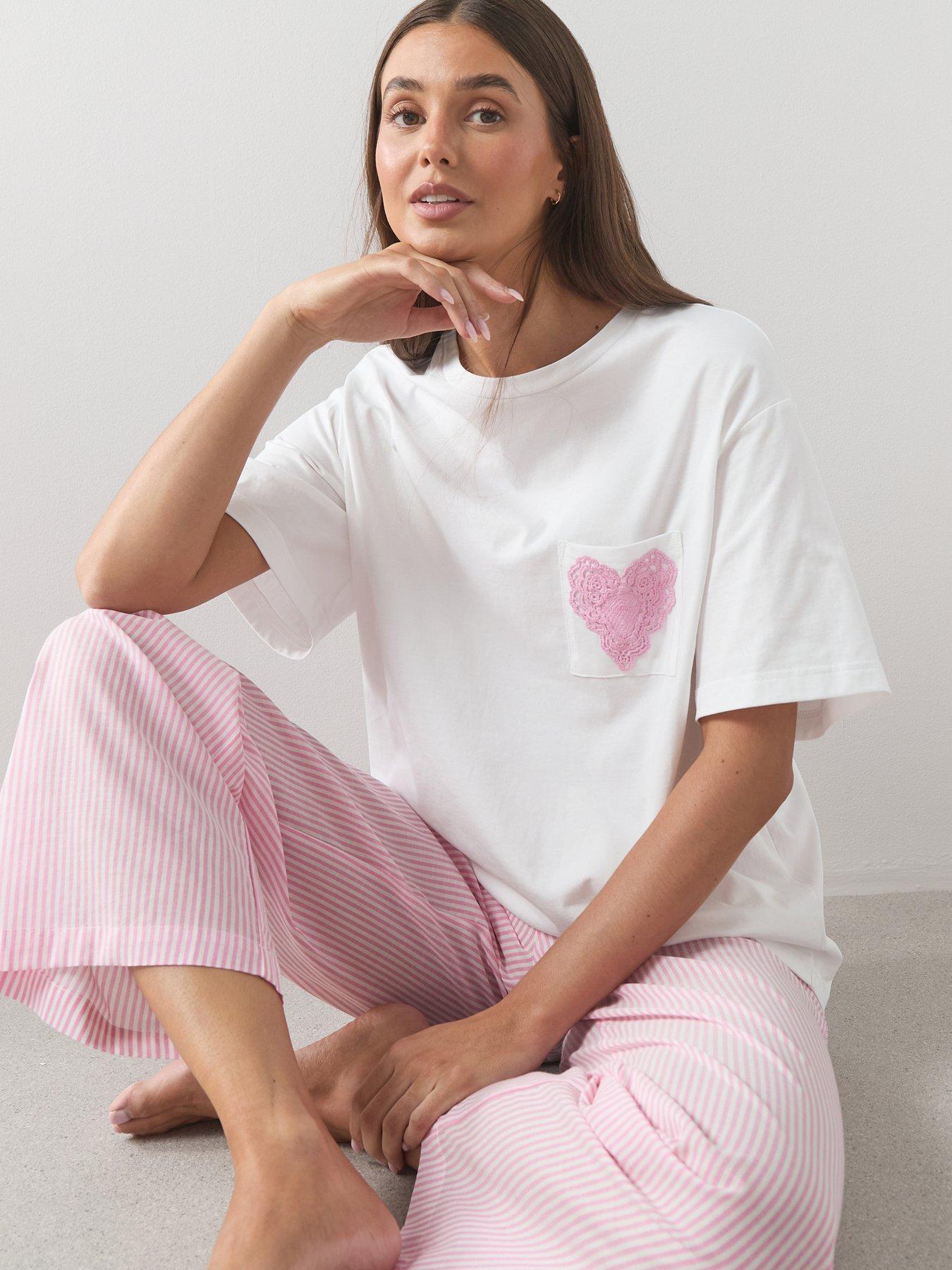 The Very Collection Crochet Heart Pocket T-shirt And Woven Stripe Bottom Pyjama Set - Pink