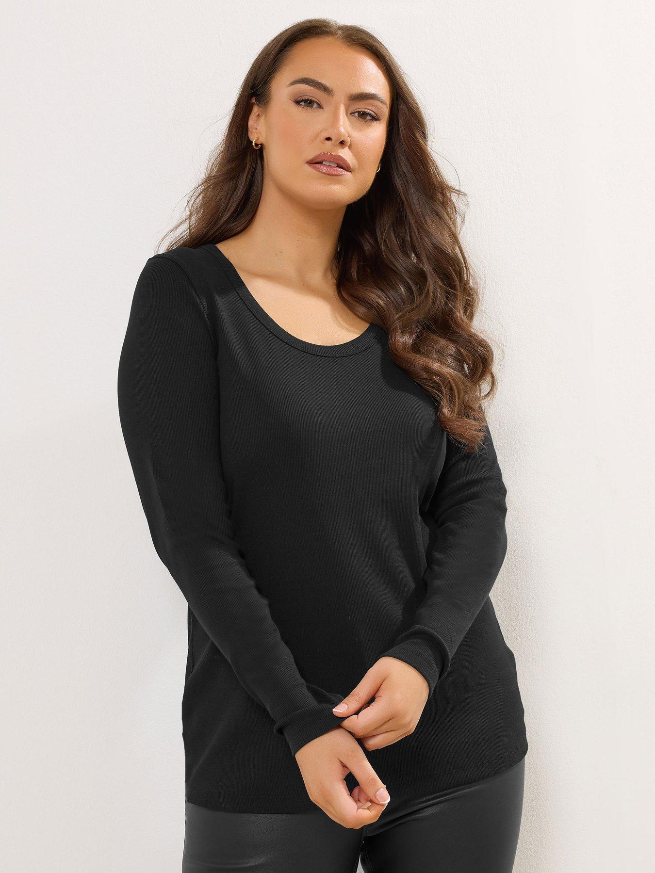 Yours Curve Rib Long Sleeve Scoop Top - Black