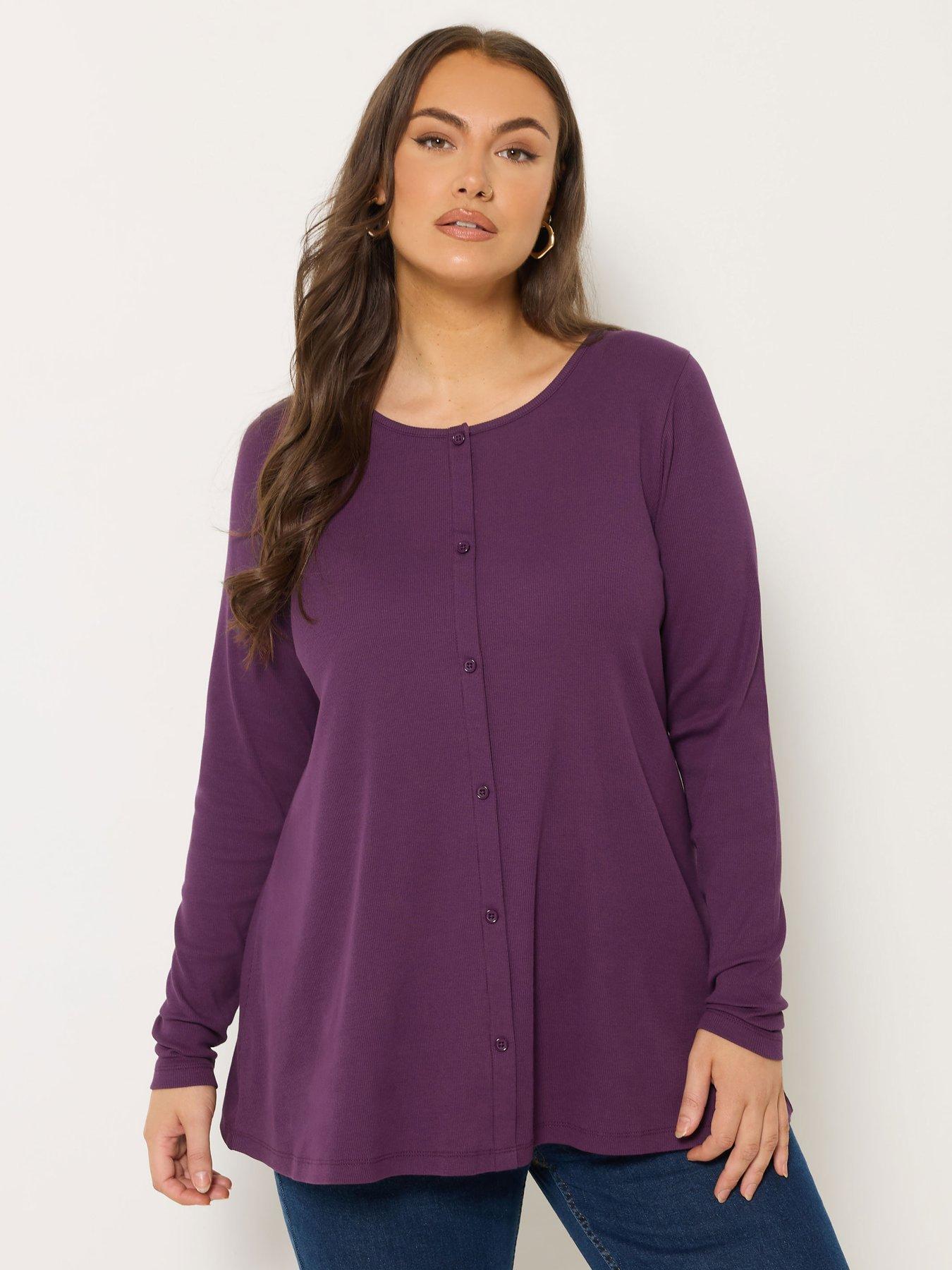 Yours Curve Button Front Henley Top - Purple