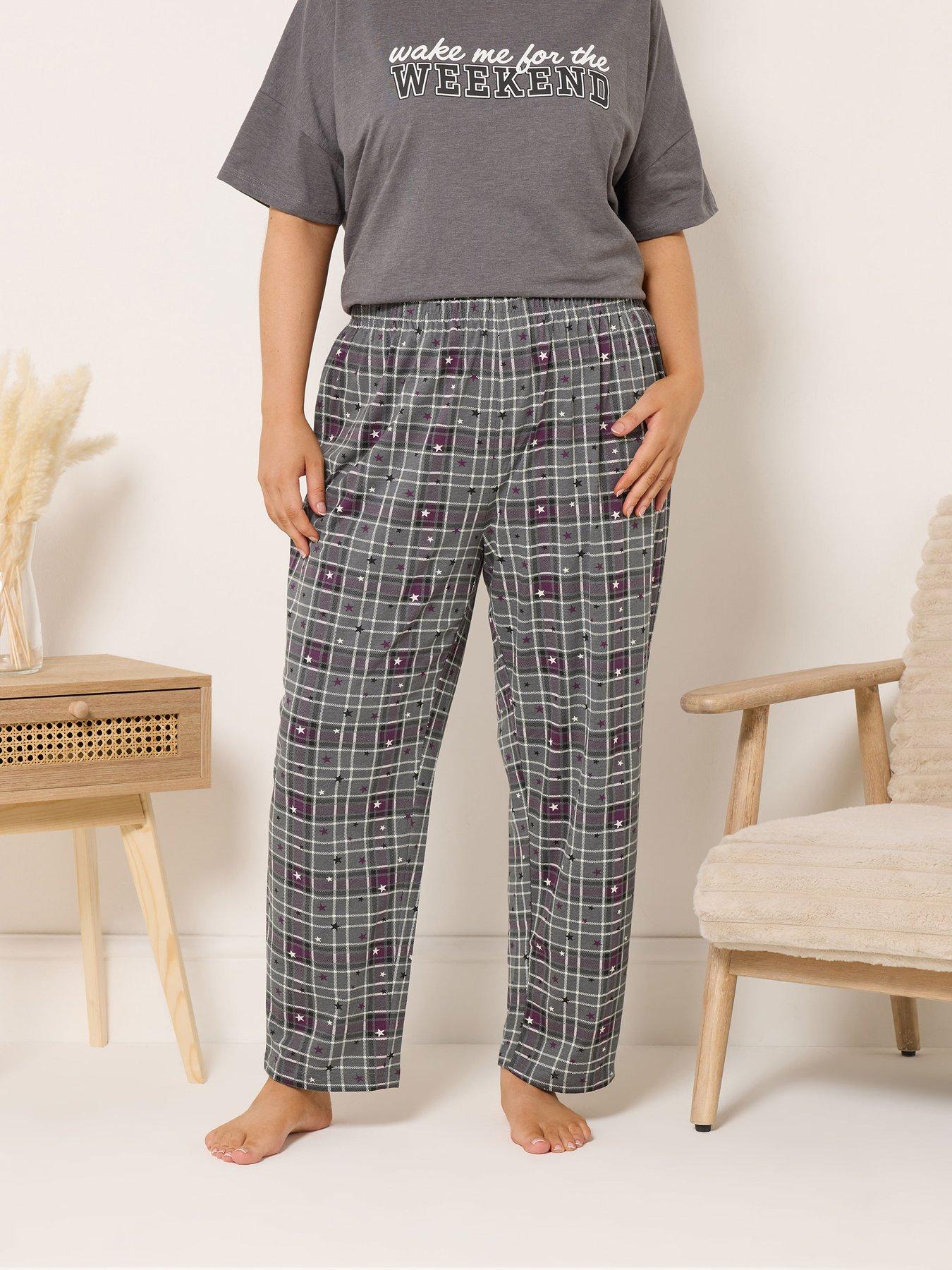 Yours Curve Star Check Wide Leg Pyjama Pant - Grey