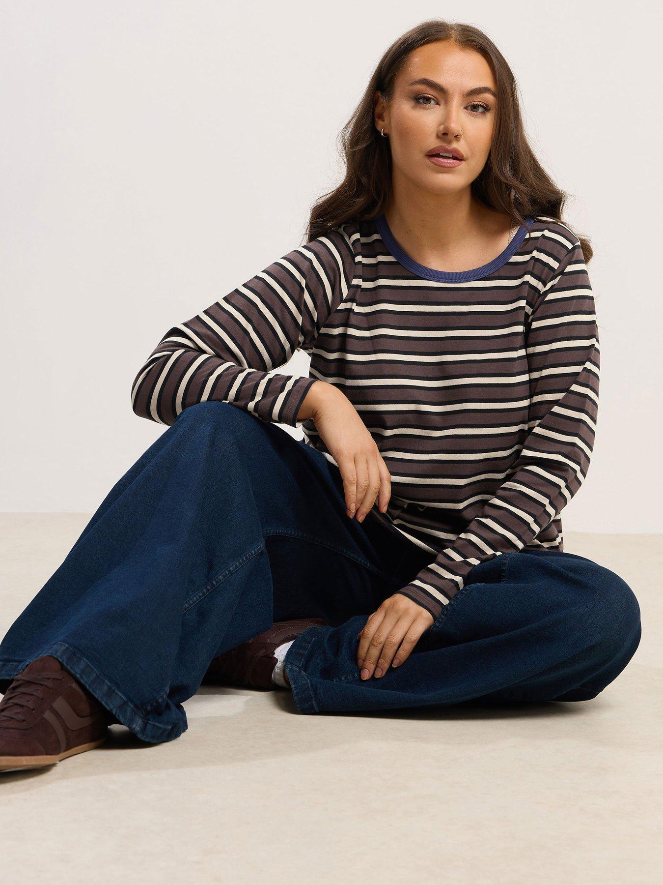 Yours Curve Long Sleeve Stripe Top - Brown