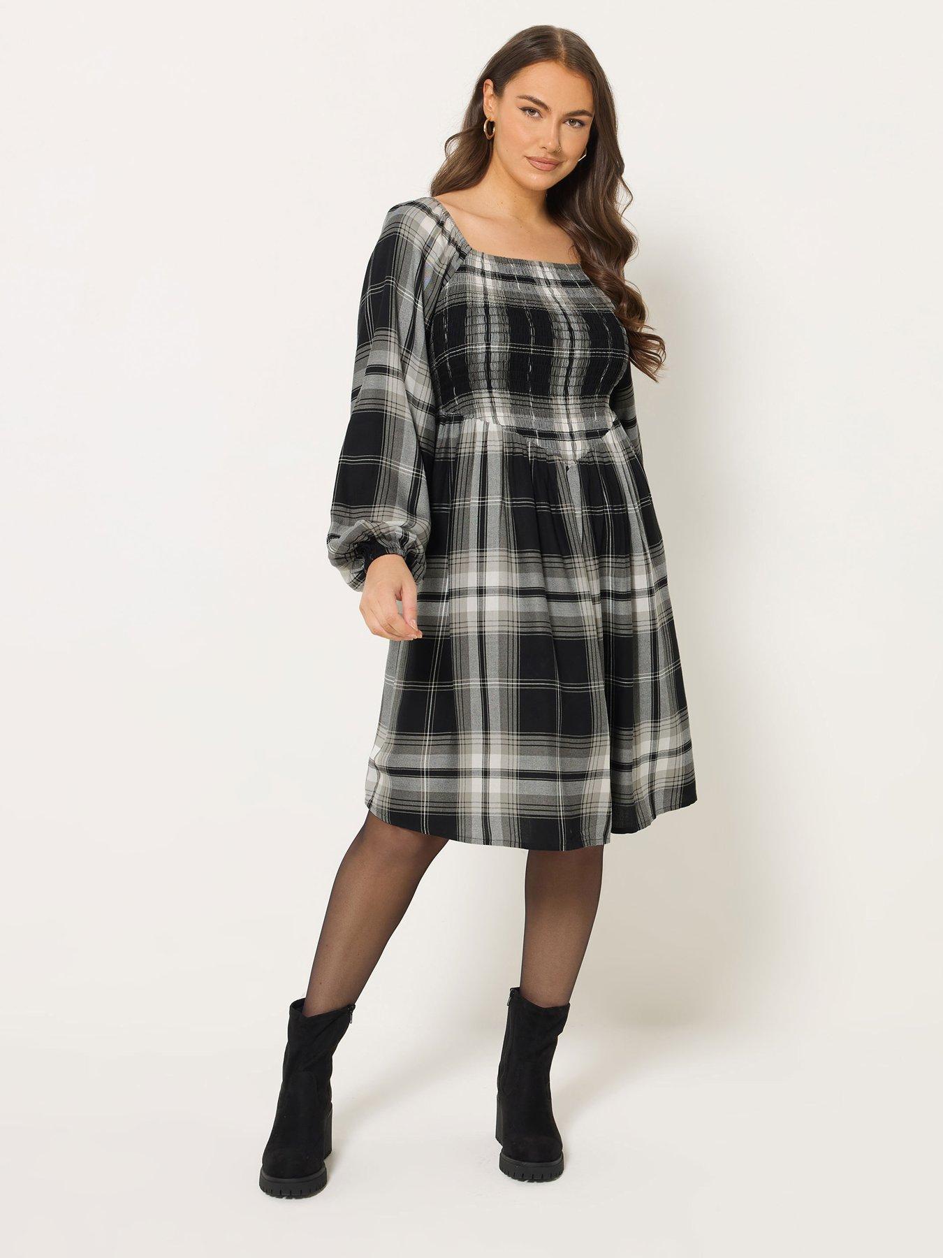 Image 1 of 4 of Yours Curve Check Shirred V Waist Dress - Black