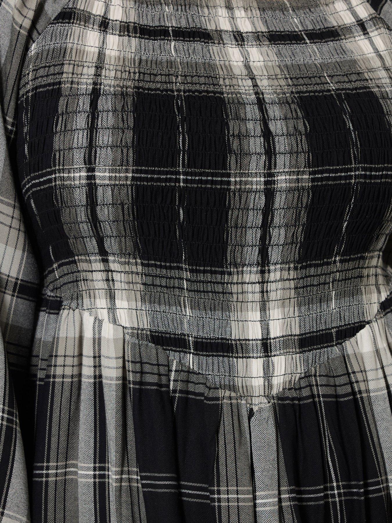 Image 4 of 4 of Yours Curve Check Shirred V Waist Dress - Black