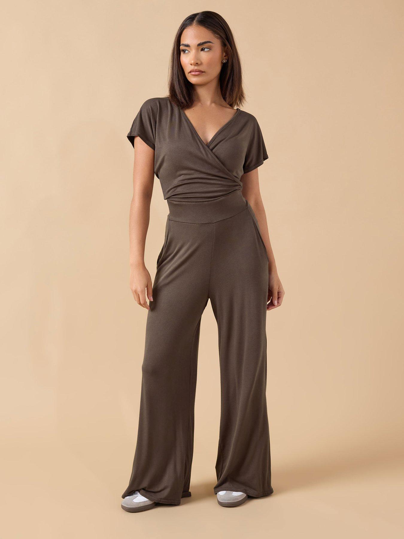 PixieGirl Petite Wrap Wide Leg Jumpsuit Brown Very