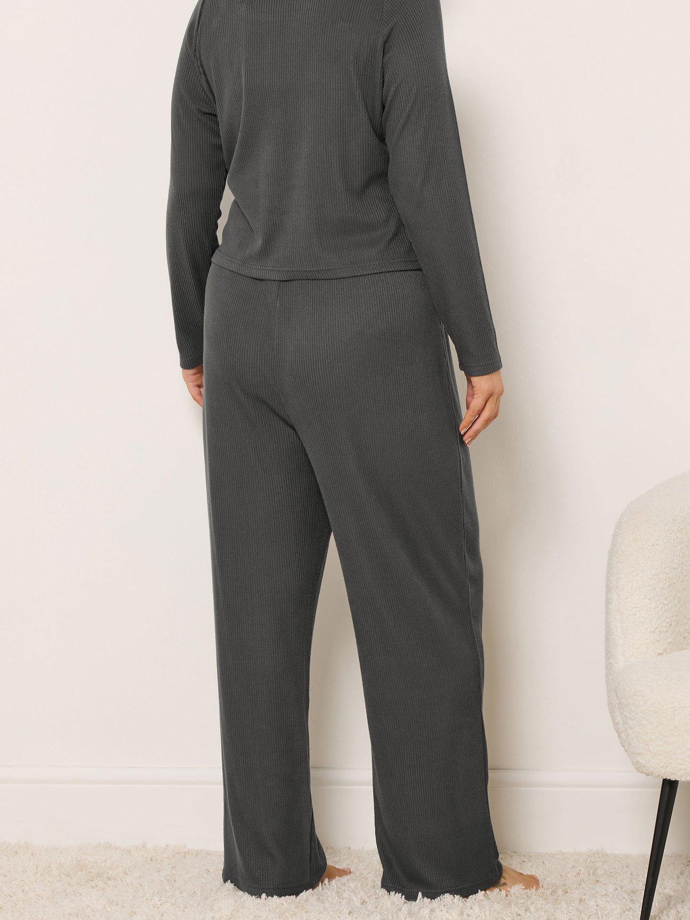Image 2 of 4 of Yours Curve Ribbed Wide Leg Lounge Trouser - Grey