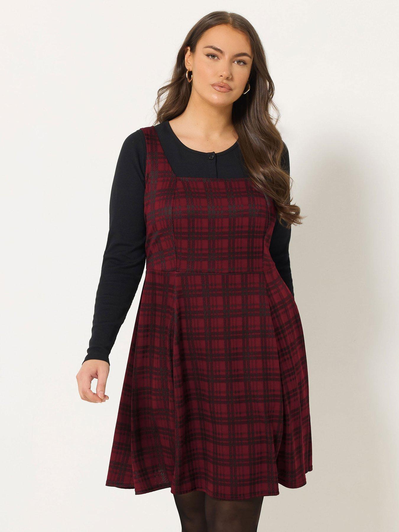 Yours Curve Check Pinafore Dress - Red