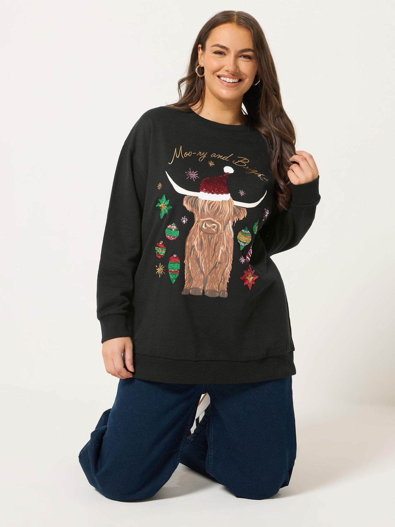 Yours Curve Highland Cow Novelty Sweatshirt - Black
