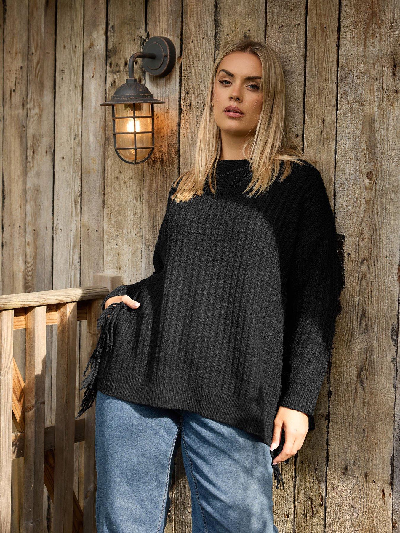 Yours Curve Fringed Tunic Jumper - Black