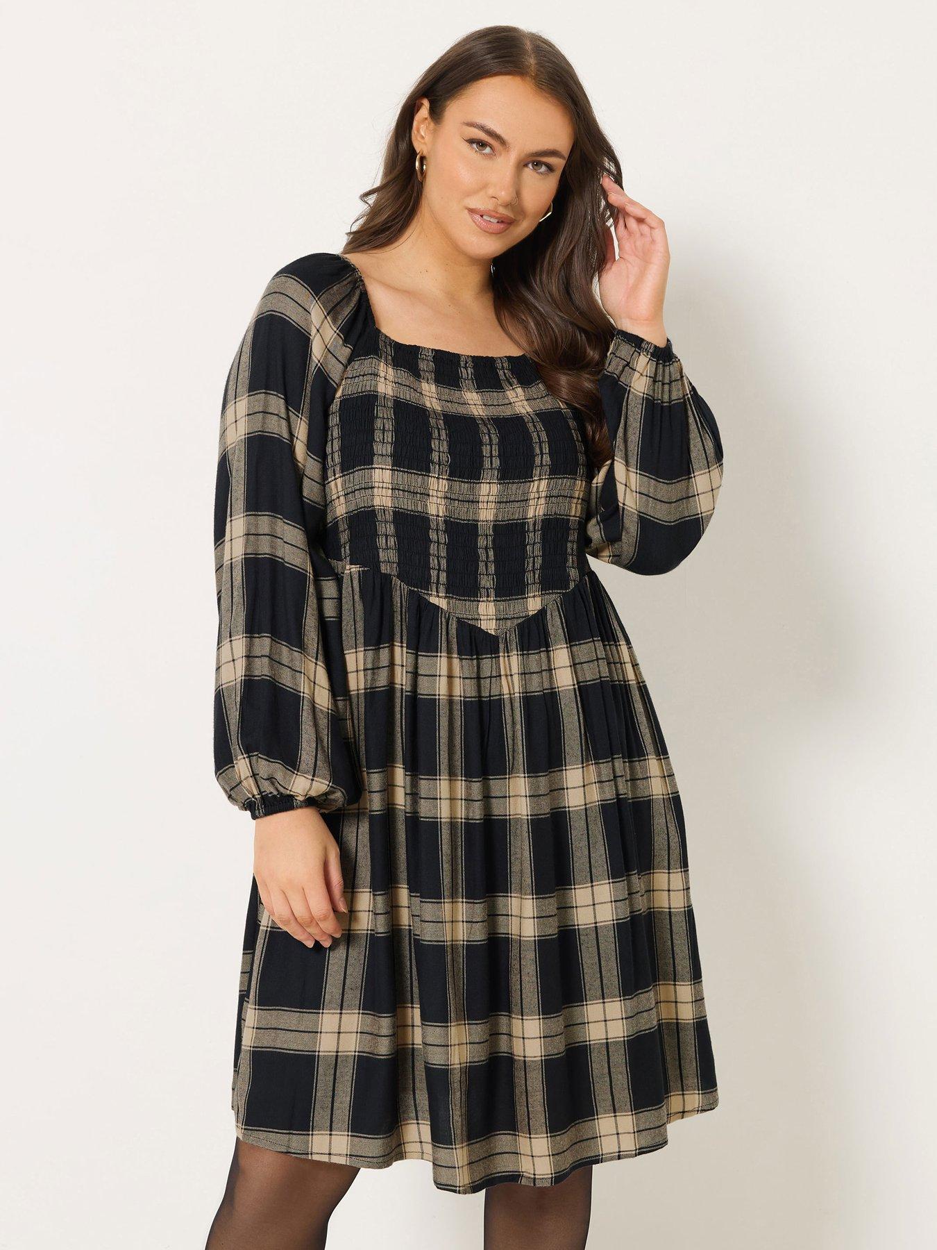 Yours Curve Check Shirred V Waist Dress - Black