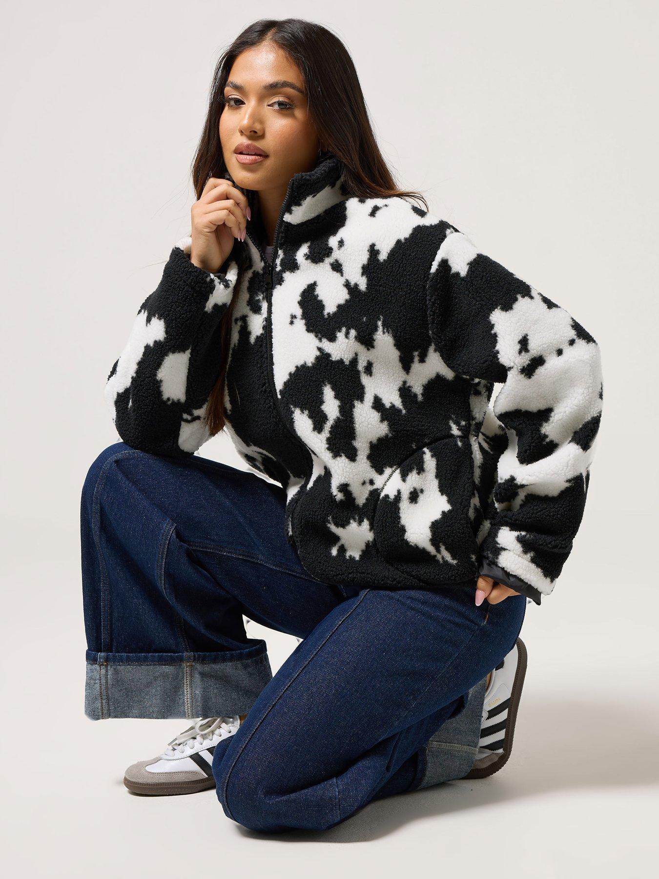 PixieGirl Petite Cow Print Zip Through Borg Jacket - Black